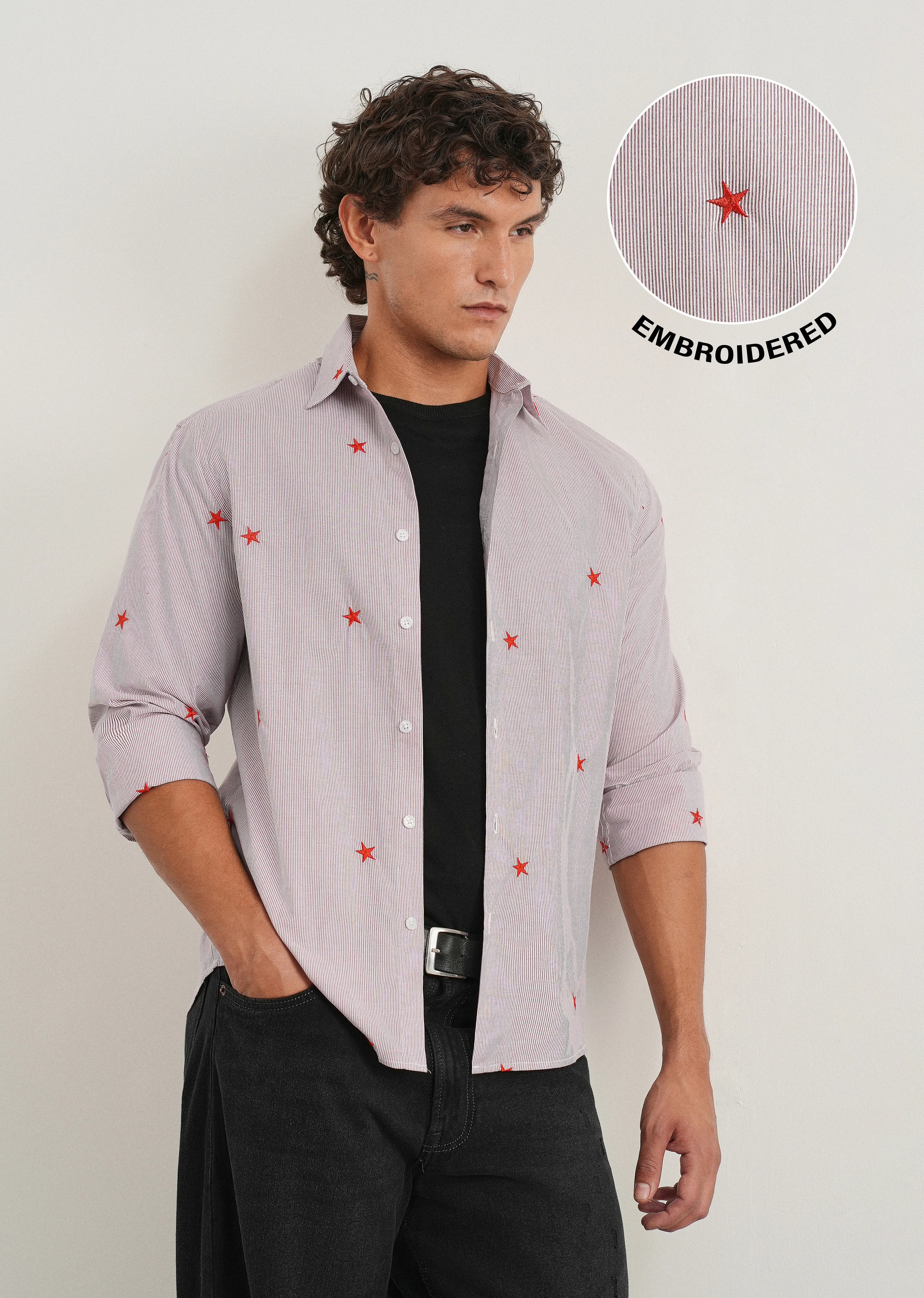 Mauve Stellar Embroidered Cotton Stripe Shirt - Image 2