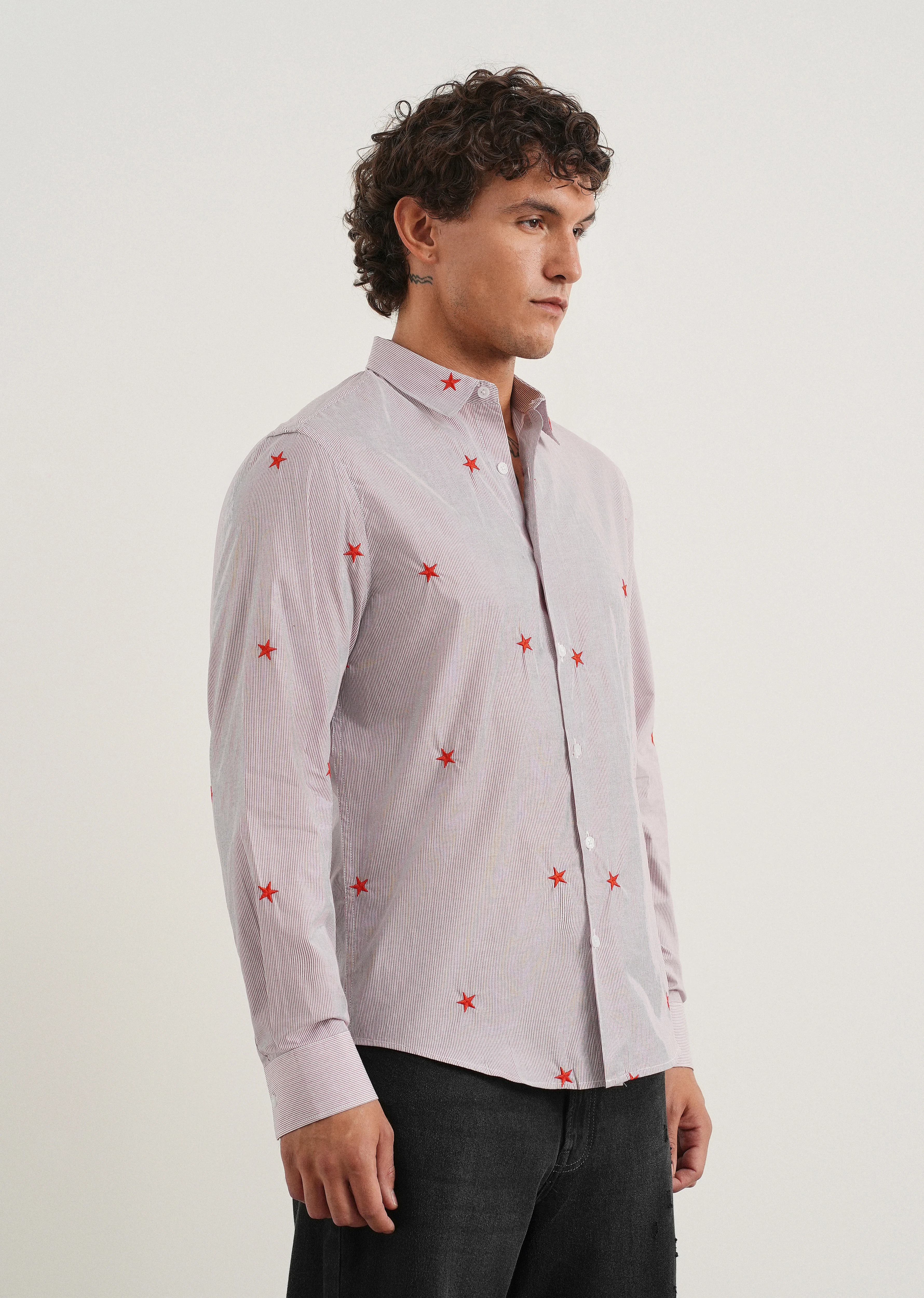 Mauve Stellar Embroidered Cotton Stripe Shirt - Image 5