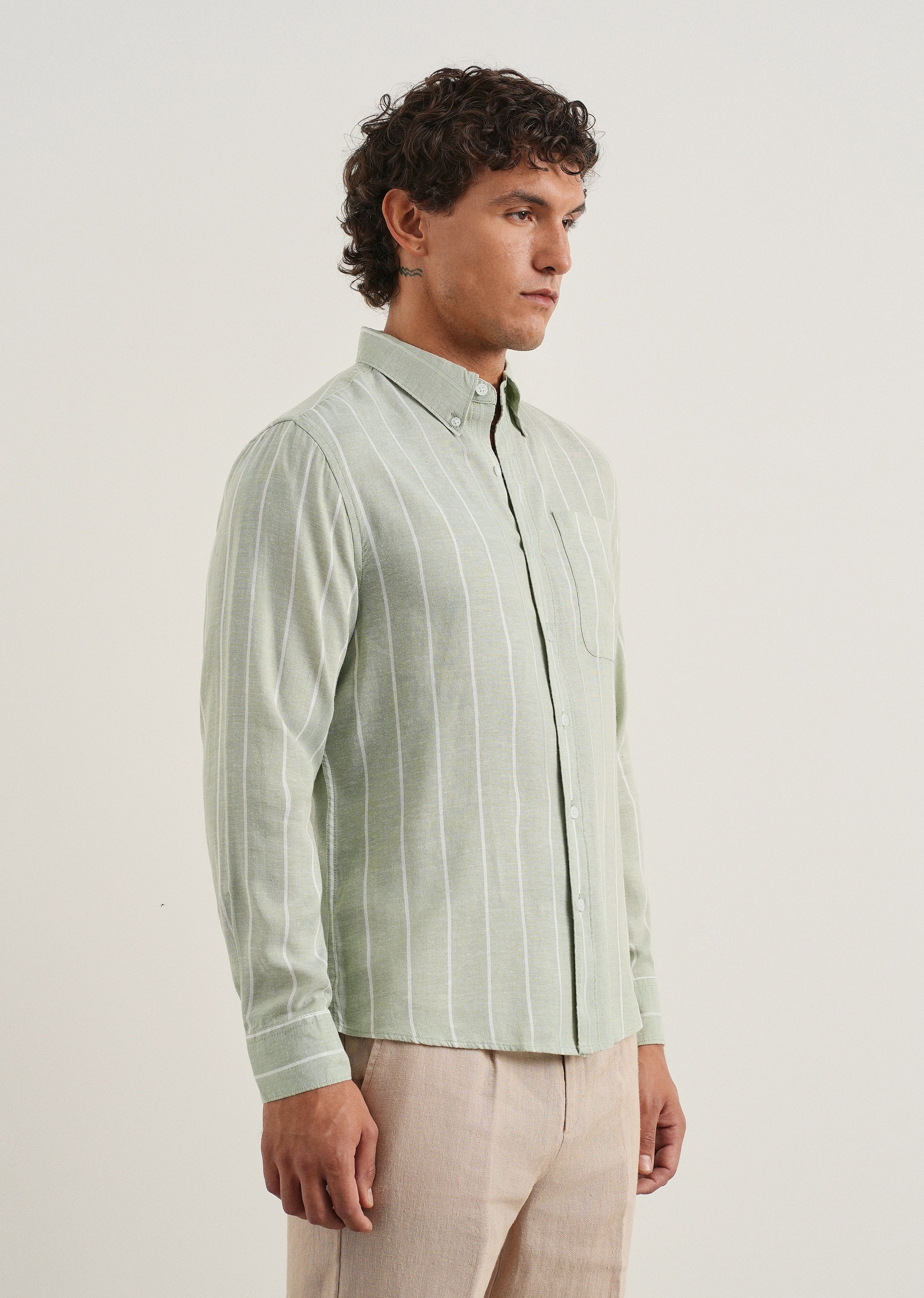Mint Green Lyocell Linen Stripe Shirt - Image 4