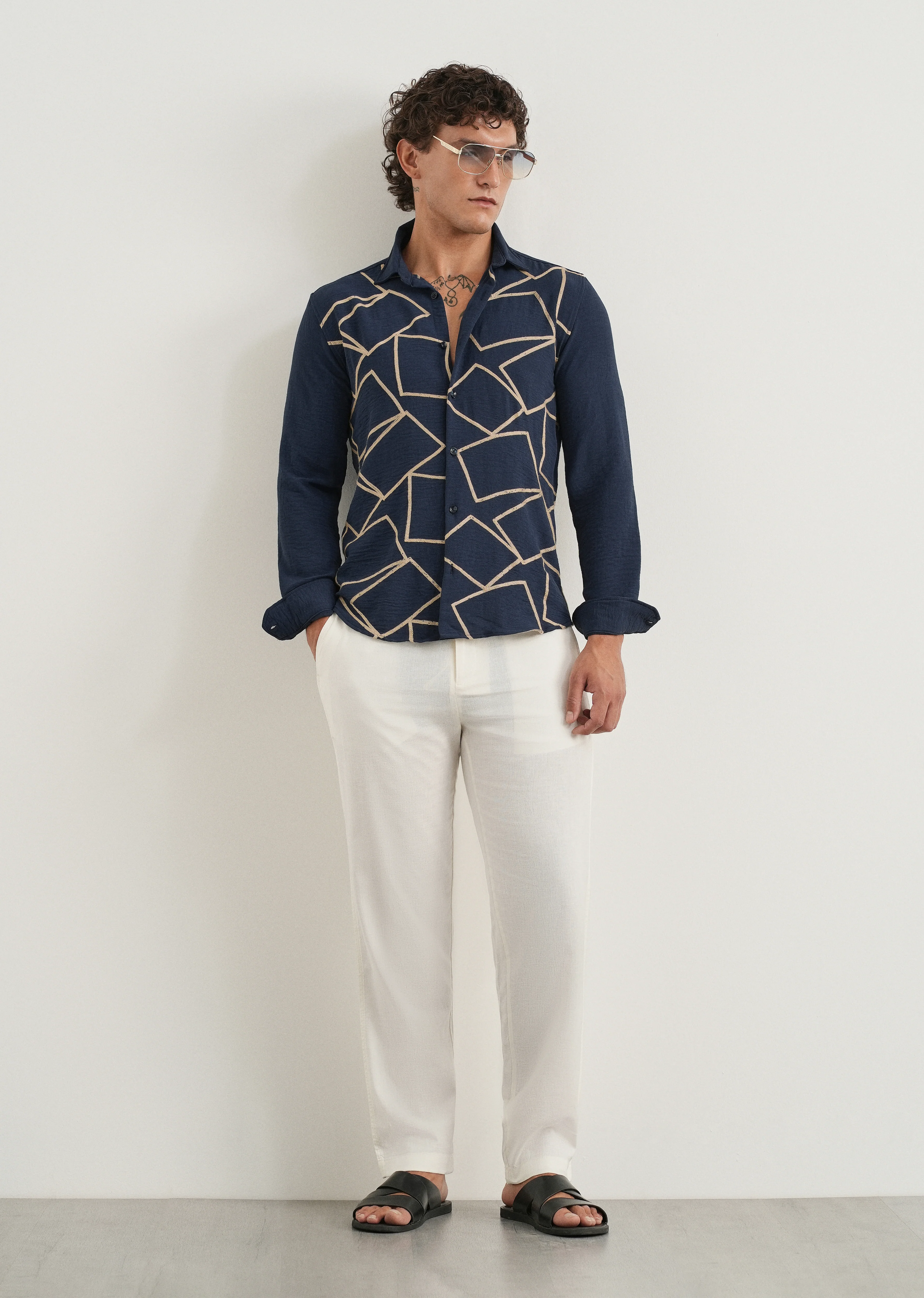 Navy Geometric Embroidered Shirt - Image 6