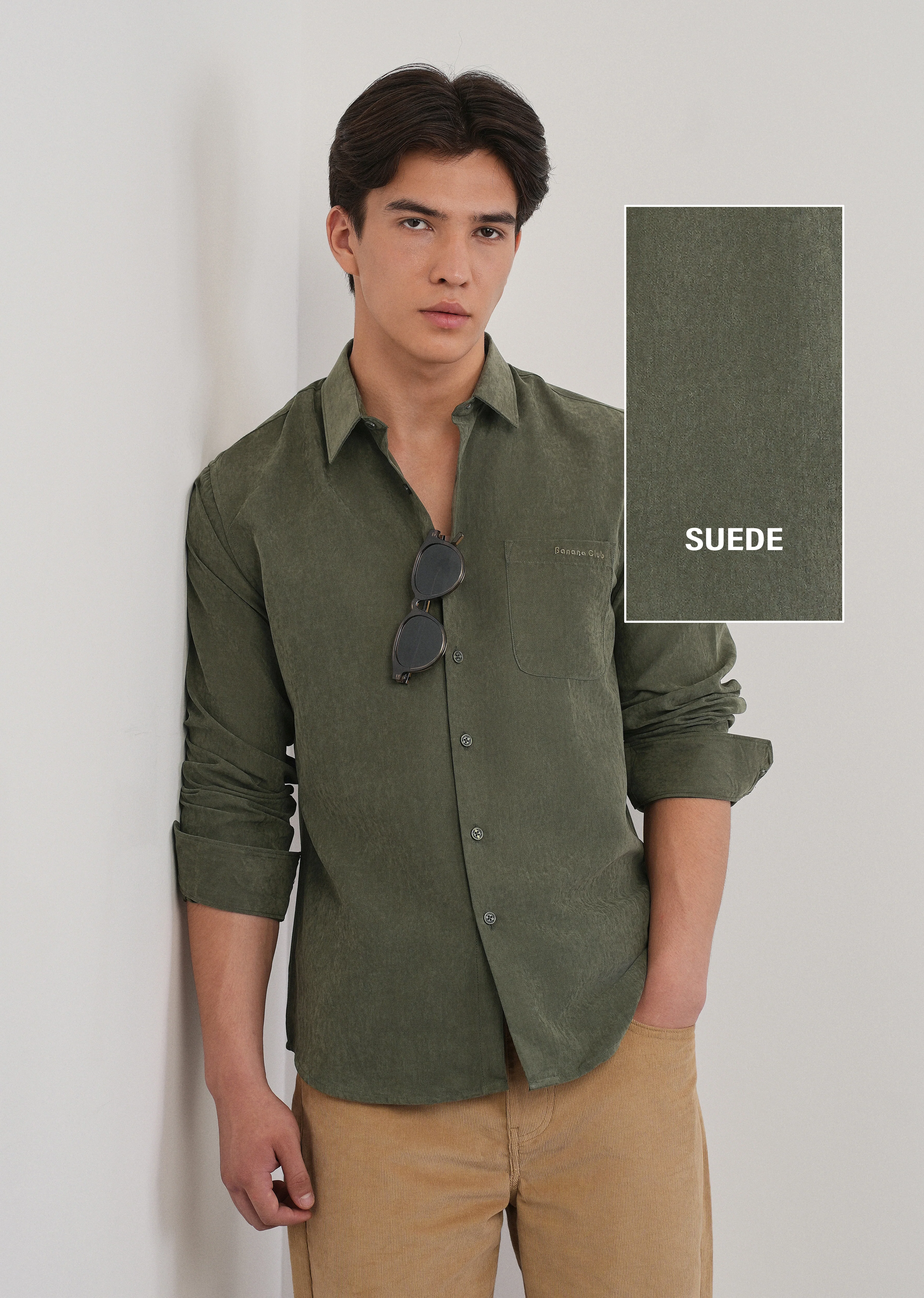 Olive Green Suede Plain Shirt