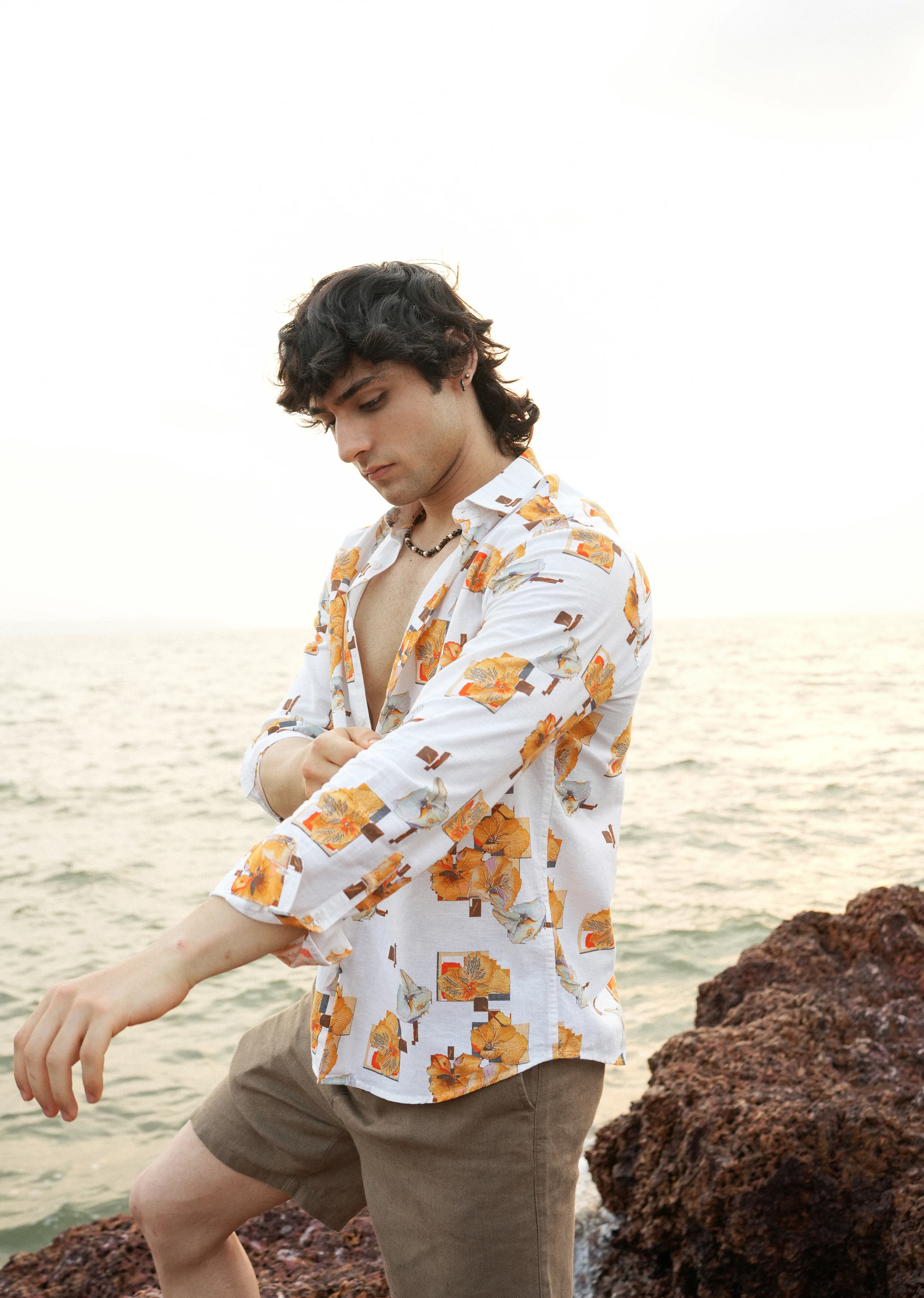 Orange Floral Print Cotton Linen Shirt