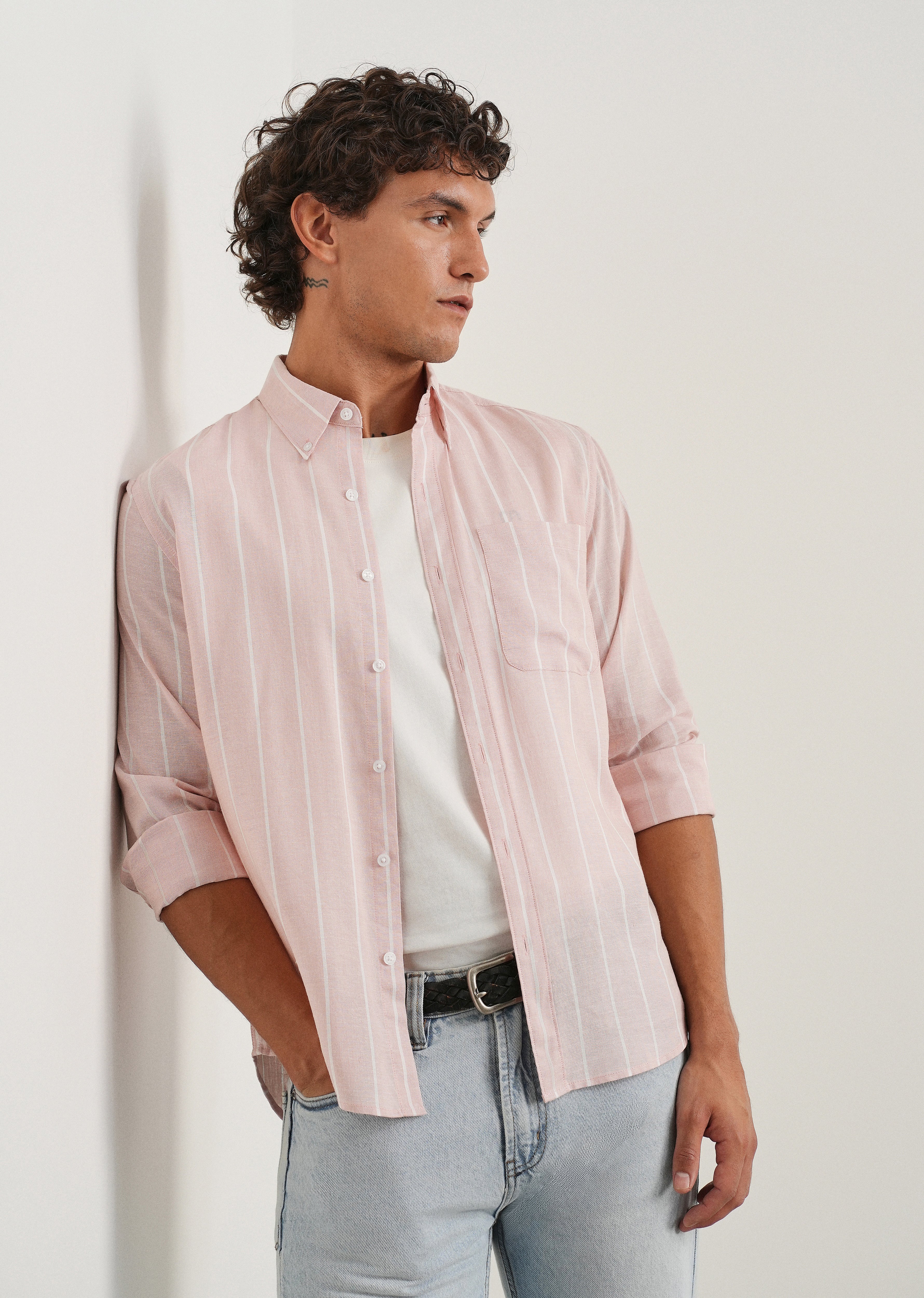 Pastel Pink Lyocell Linen Stripe Shirt