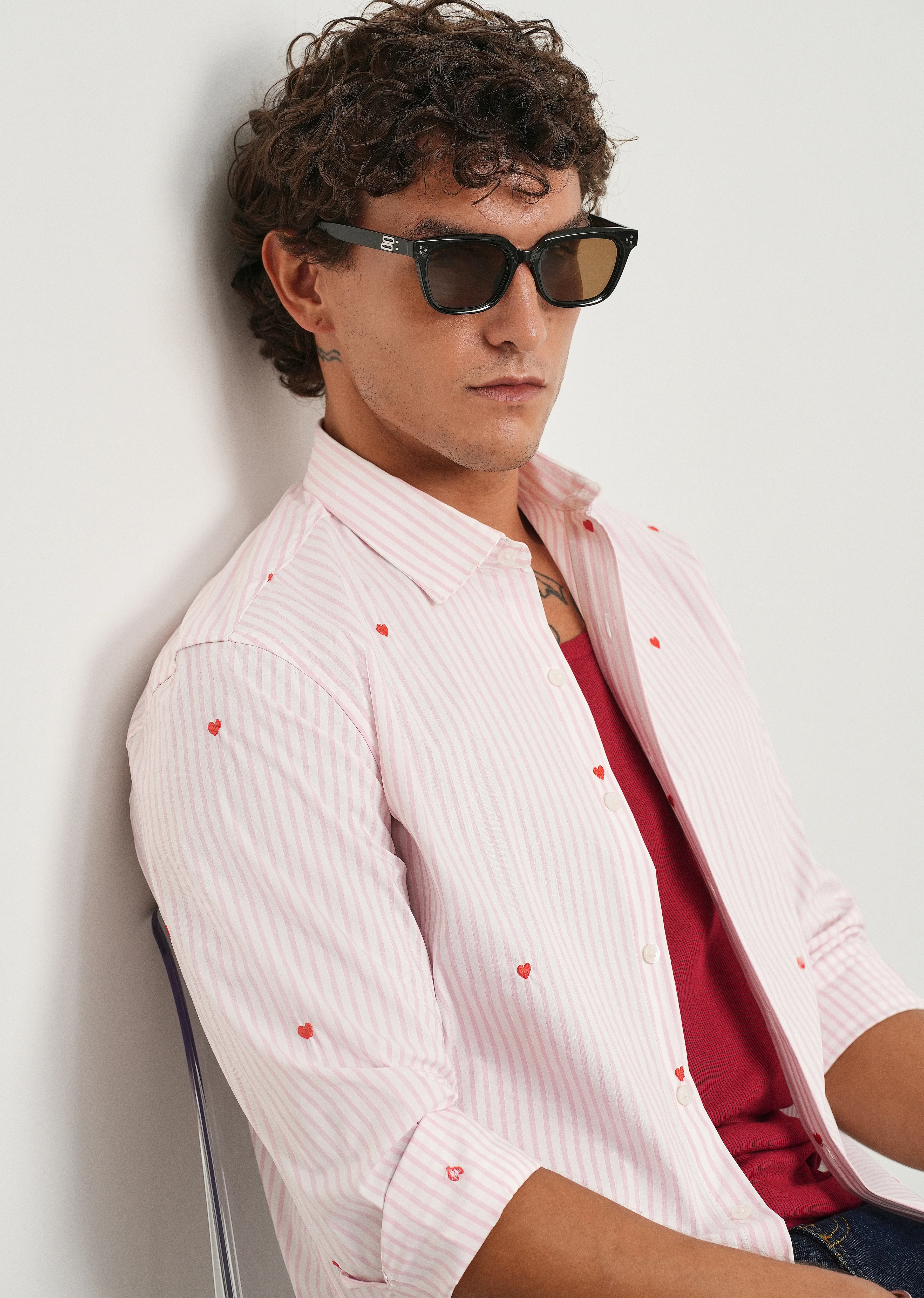Pink Mini Heart Embroidered Stripe Shirt