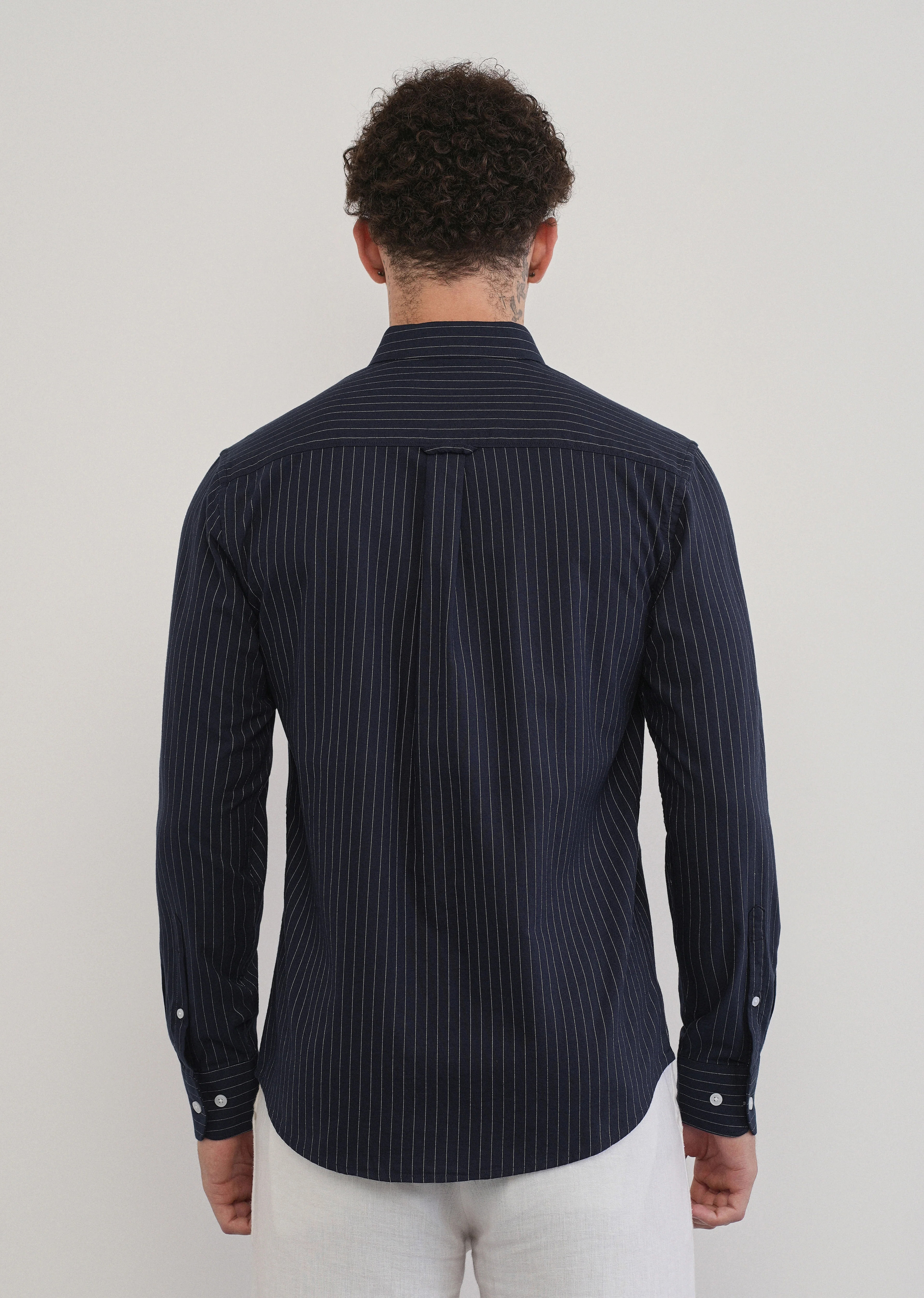Pinstriped Navy Blue Cotton Shirt - Image 2
