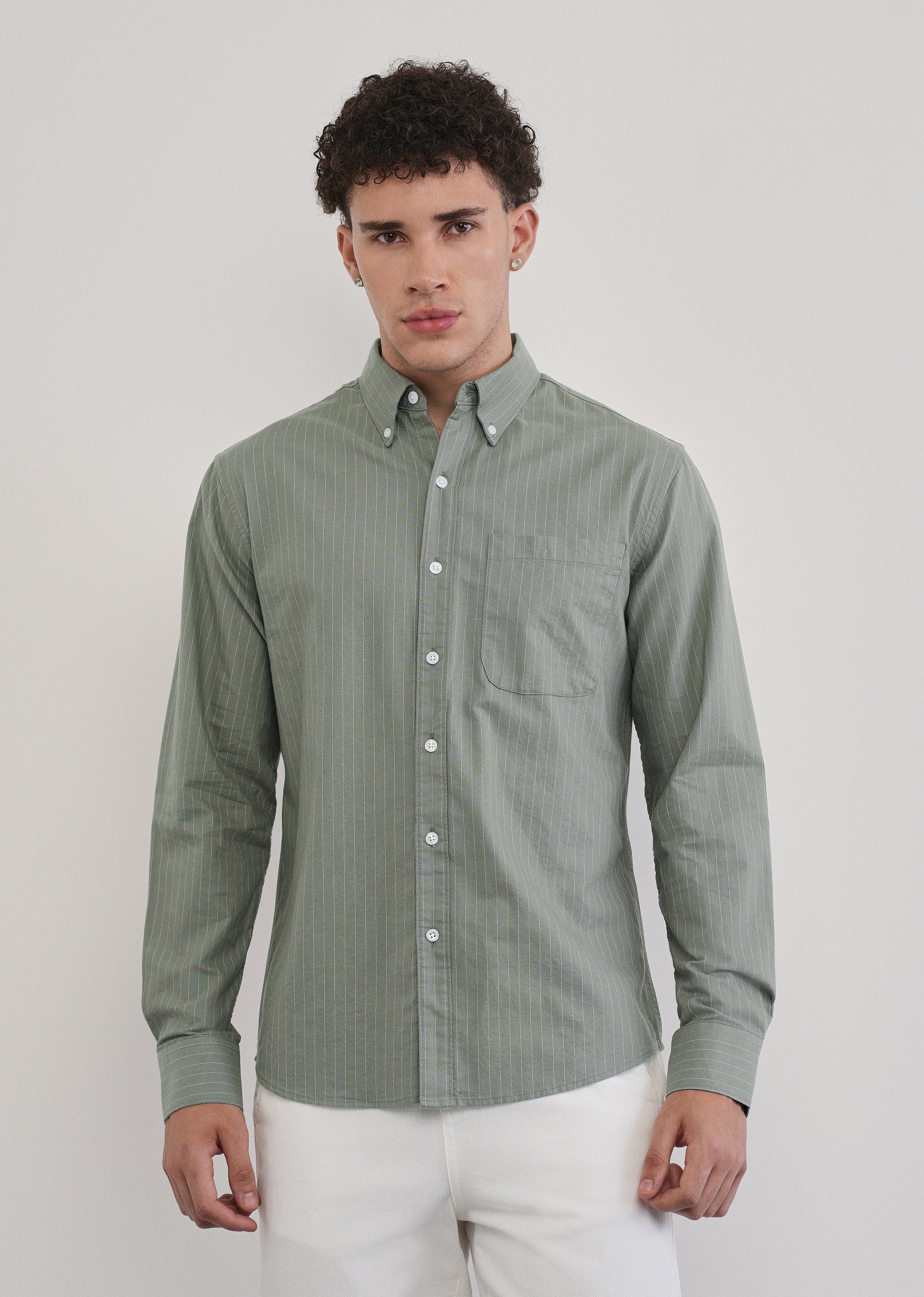 Pinstriped Sage Green Cotton Shirt - Image 3