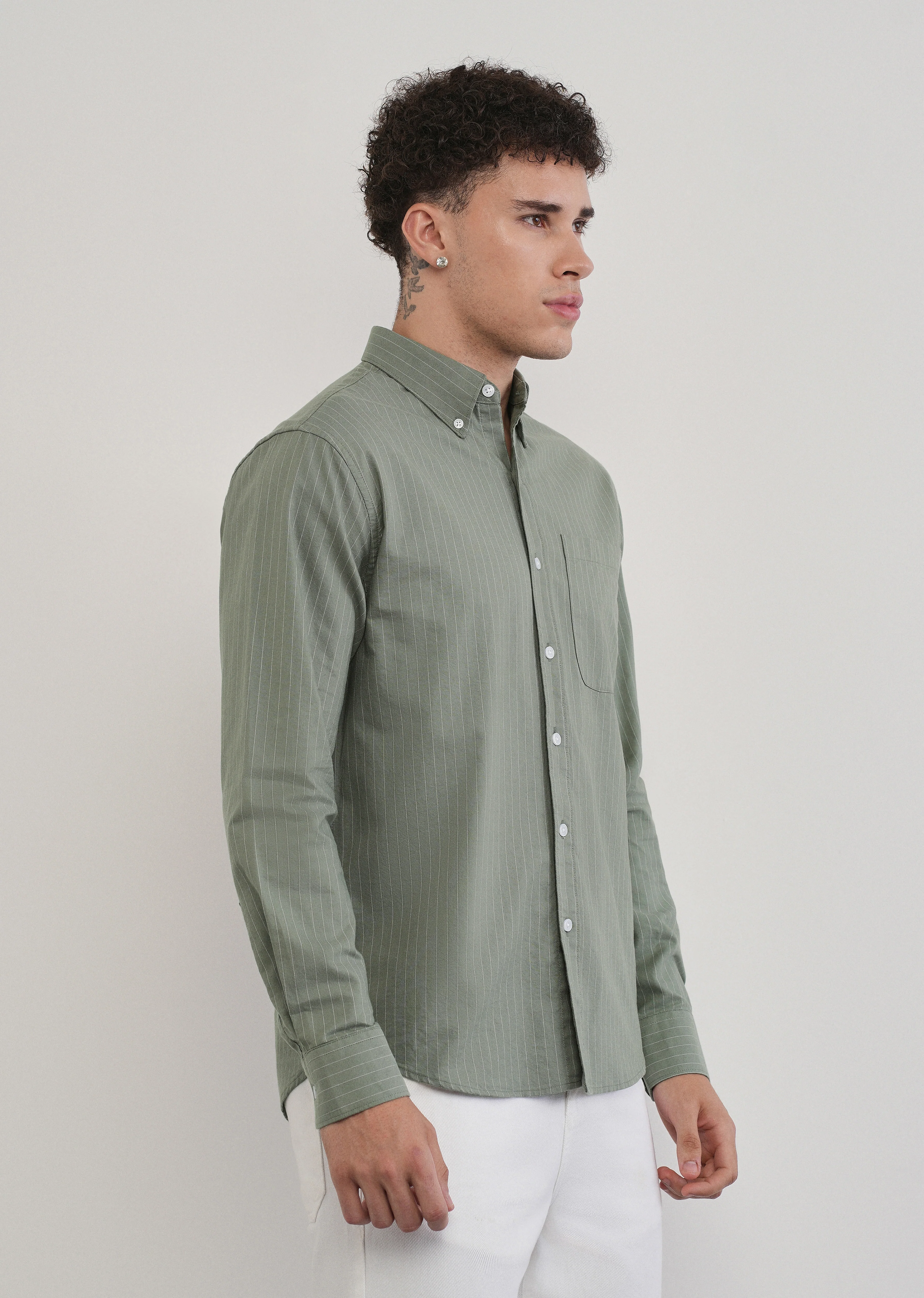 Pinstriped Sage Green Cotton Shirt - Image 4
