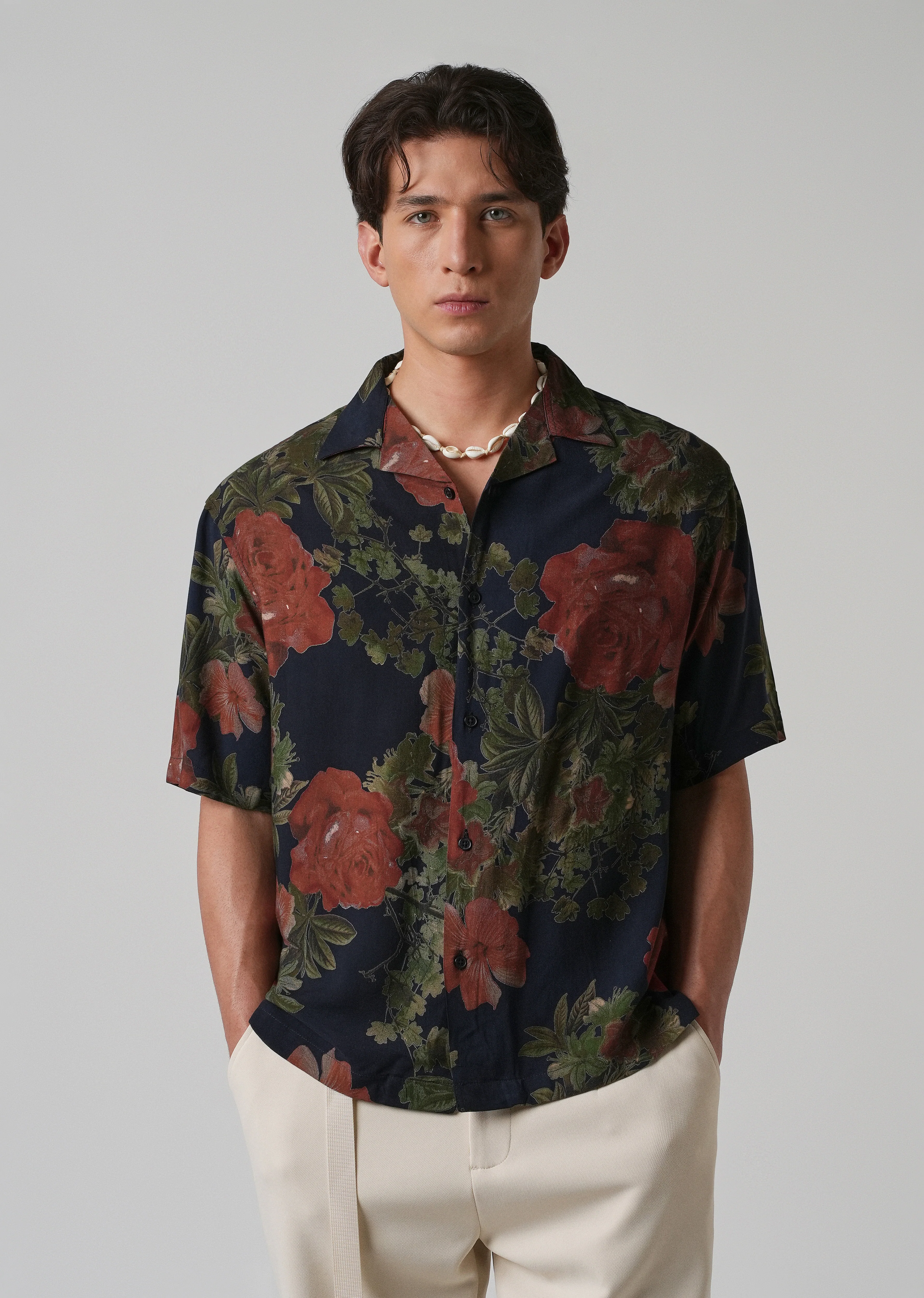 Rose Print Oversized Feather Shirt