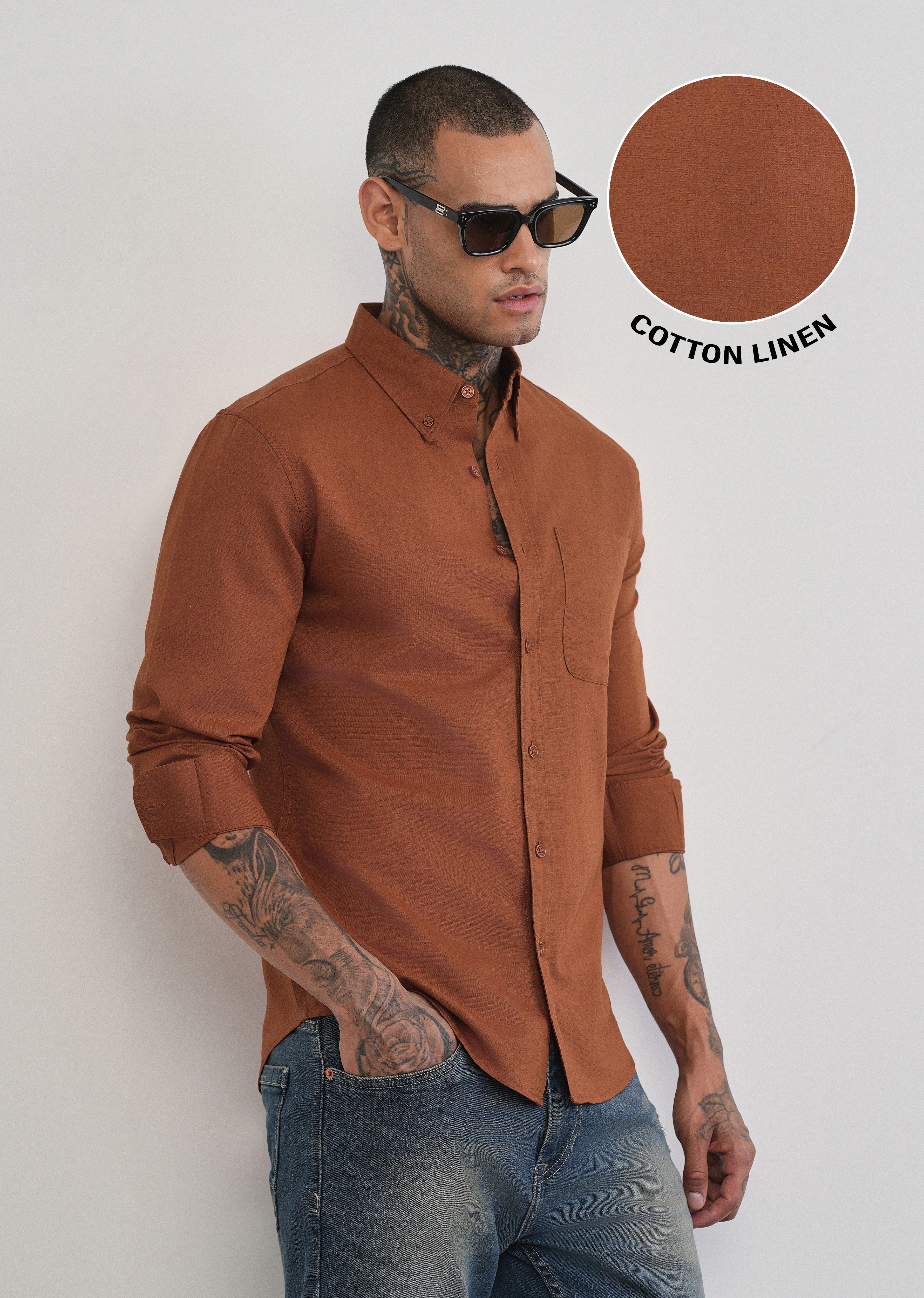Rust Brown Cotton Linen Plain Shirt