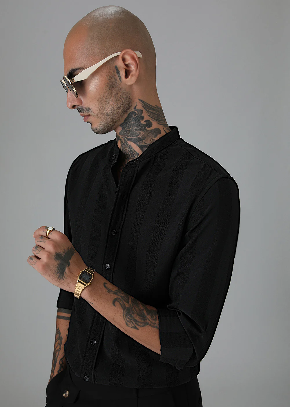 Sable Black Plain Shein Patterned Shirt