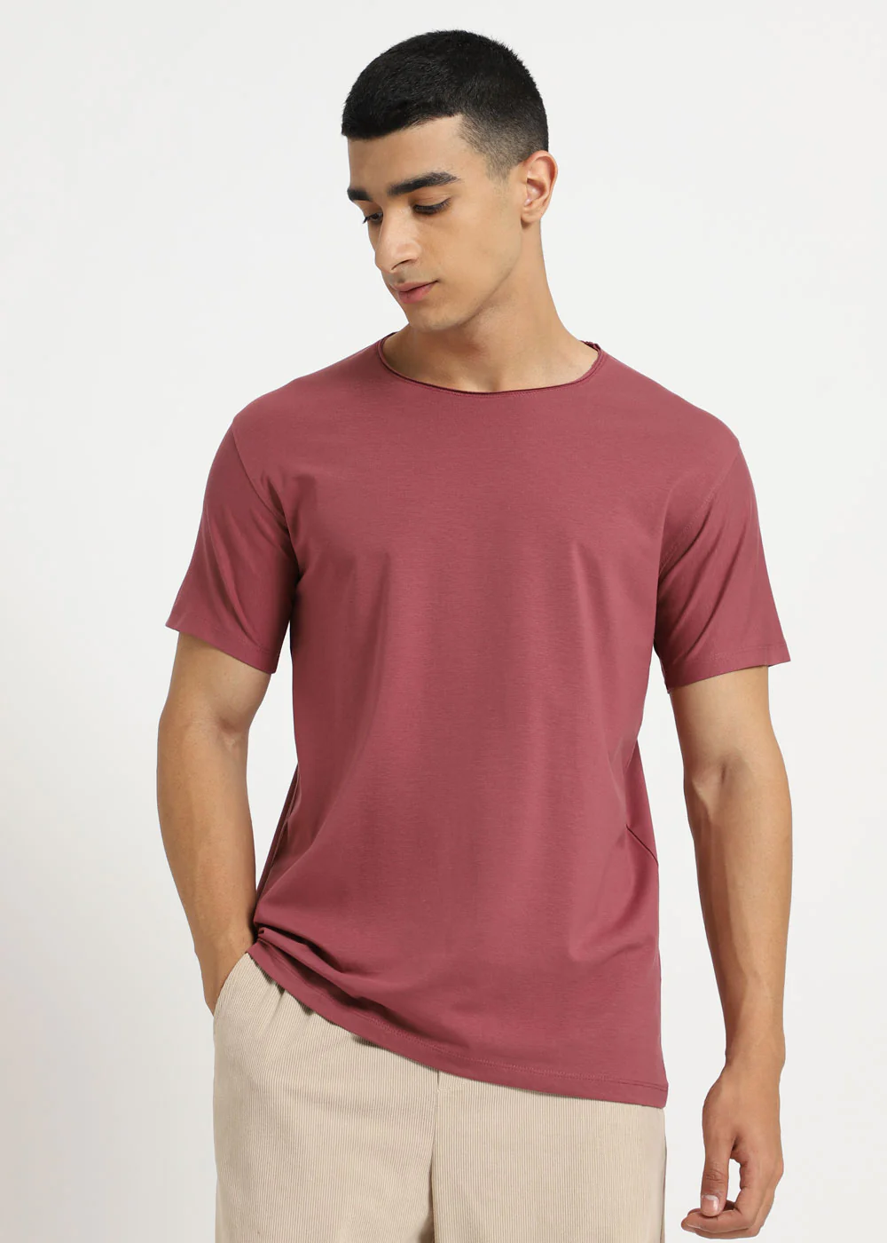 Salmon Pink Plain Round Neck T-shirt