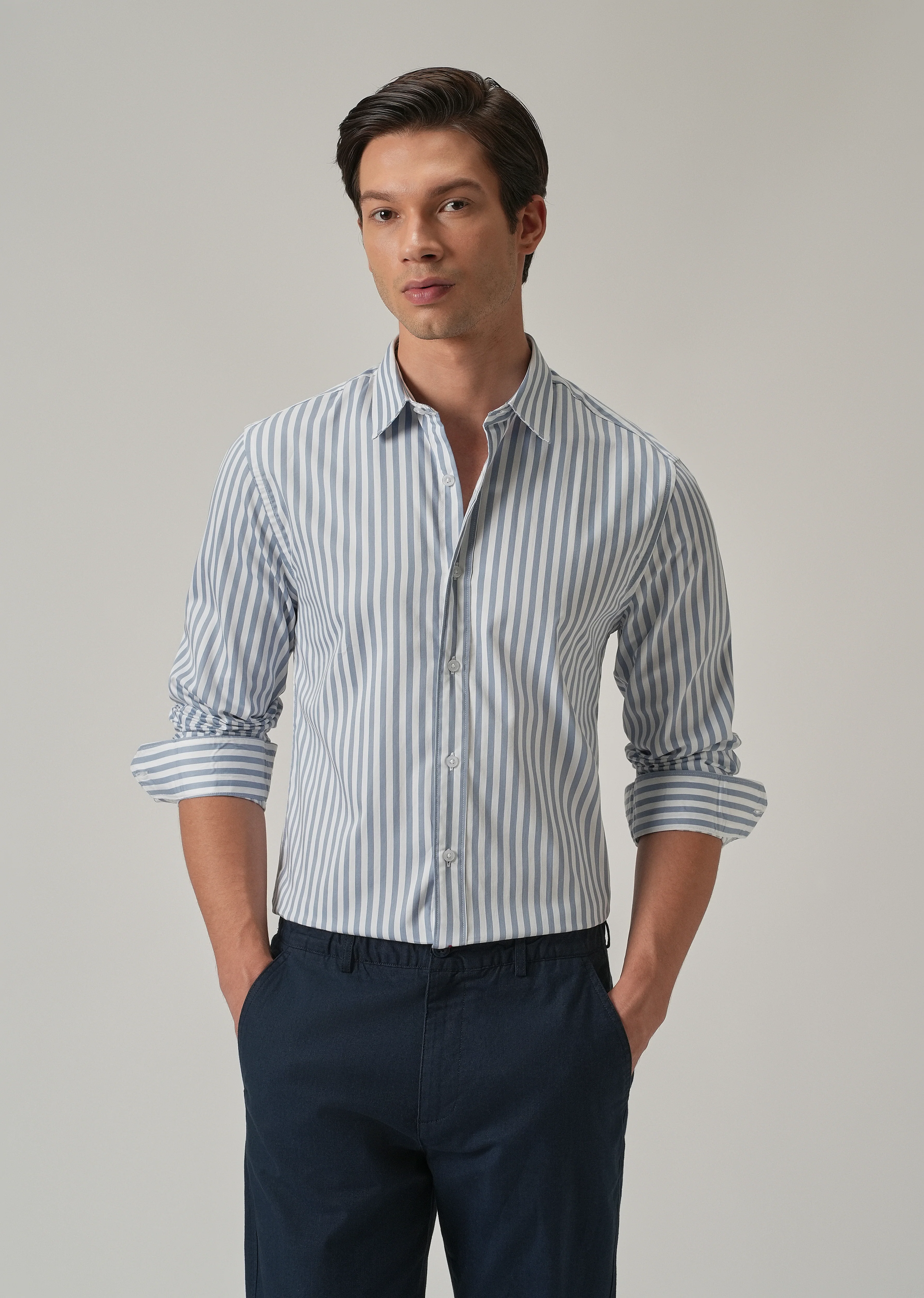 Sky Blue Satin Pin Stripe Shirt