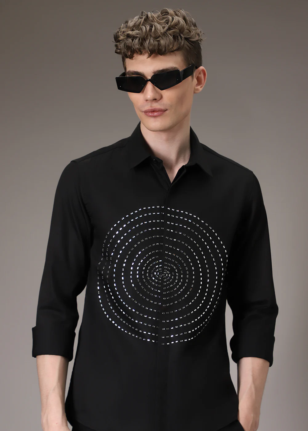Stud Circle Eleganza Black Designer Shirt