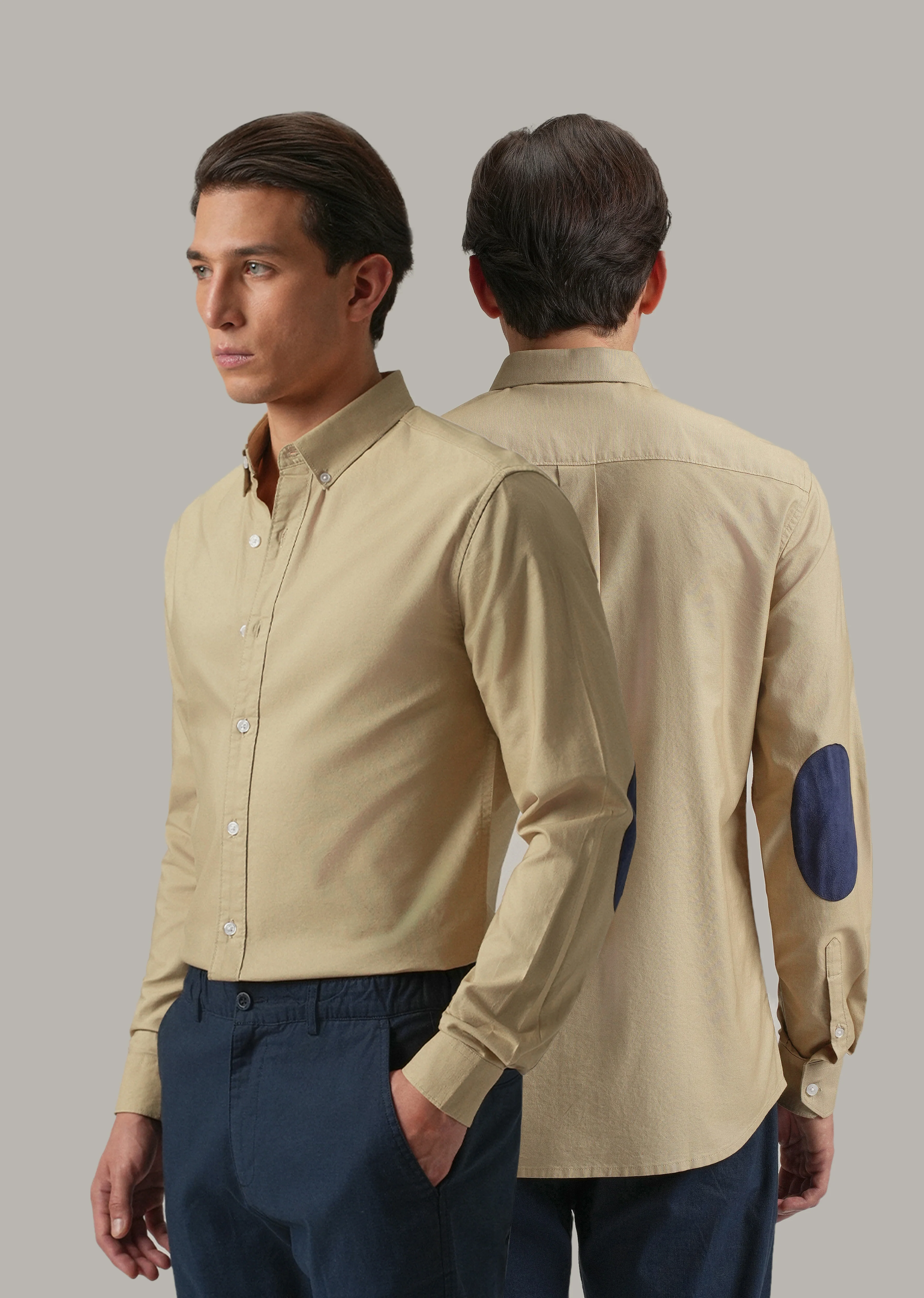 Tan Plain Elbow Patch Oxford Shirt