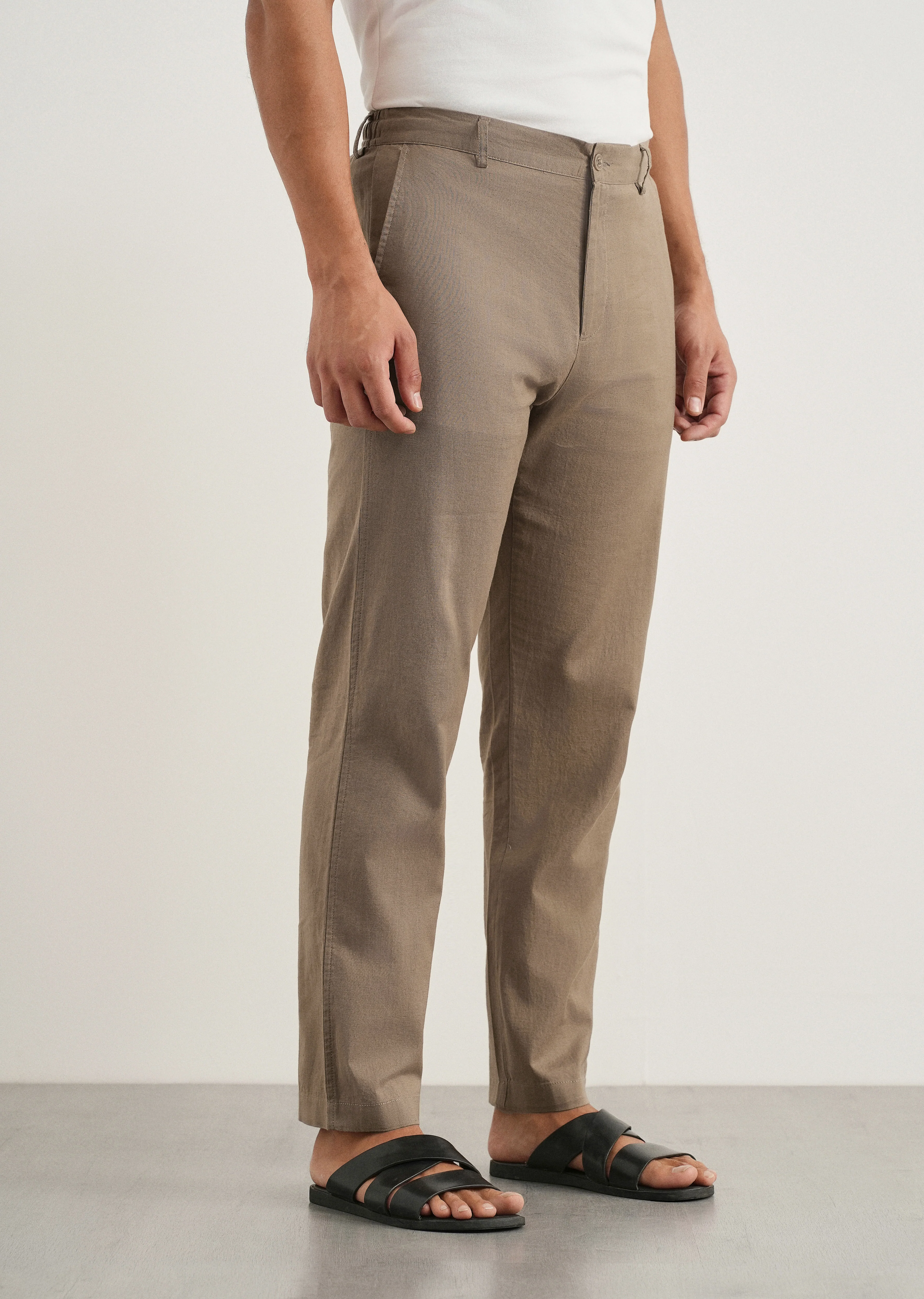 Taupe Cotton Linen Regular Fit Pant - Image 4