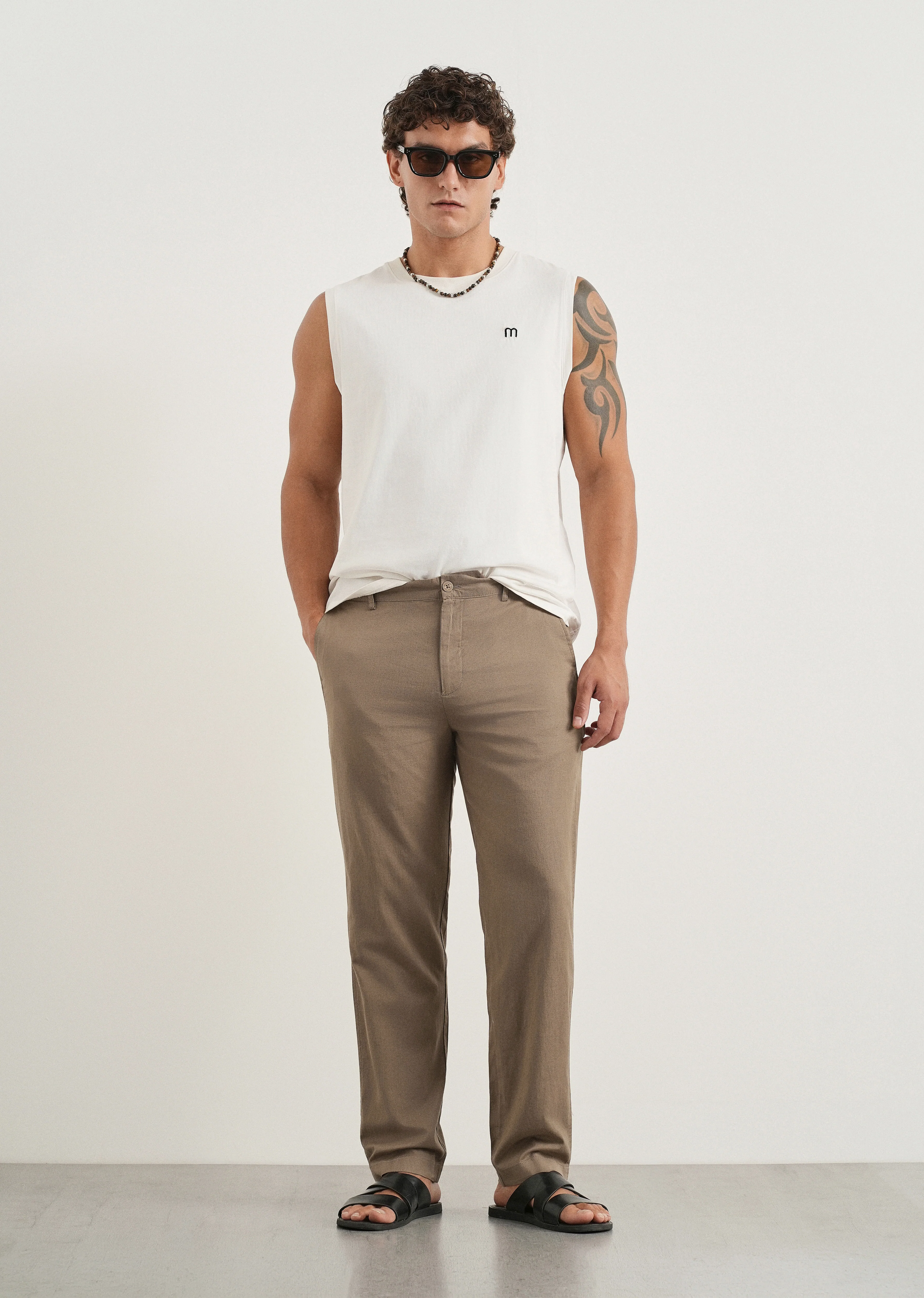 Taupe Cotton Linen Regular Fit Pant - Image 6