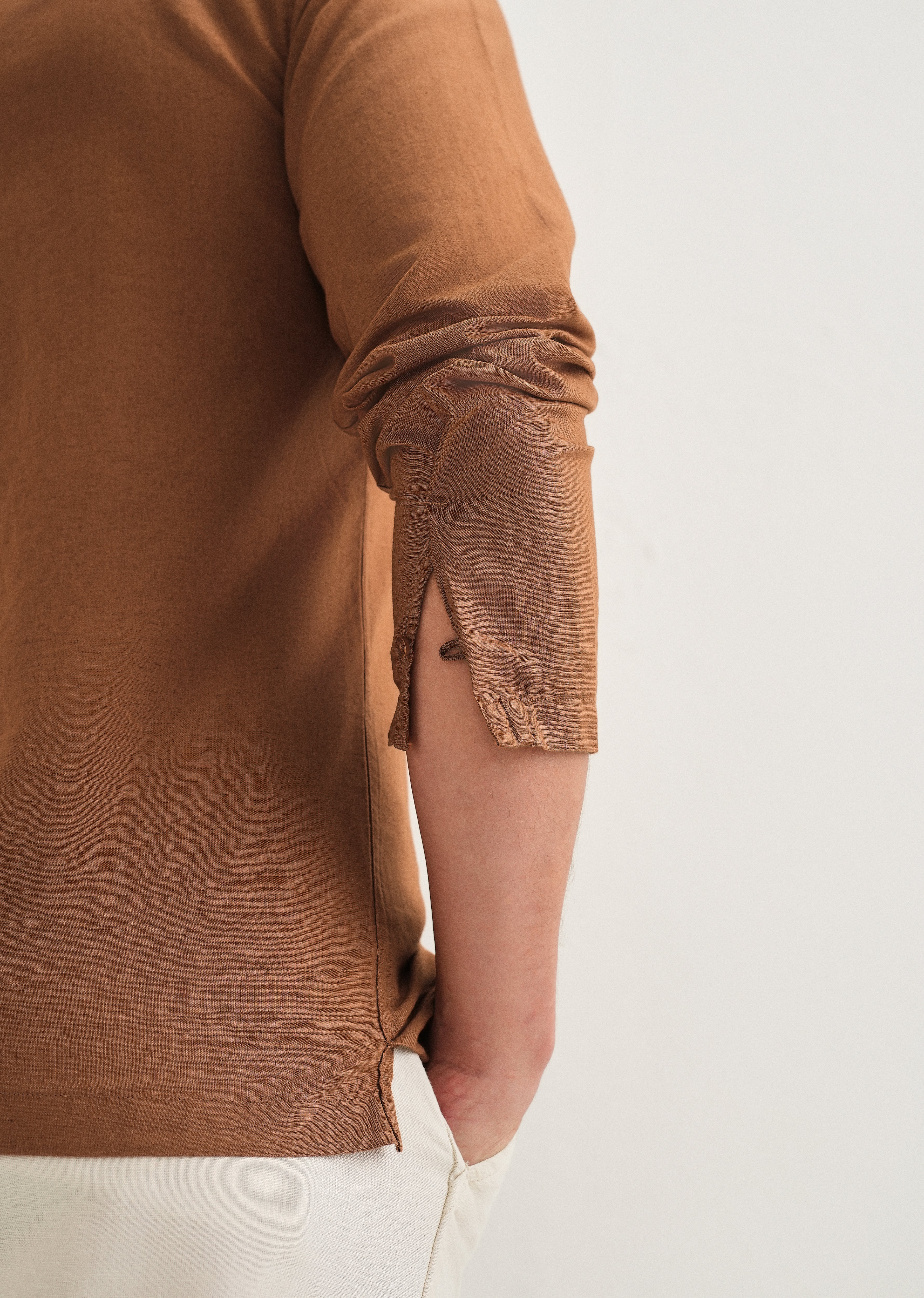 Terracotta Brown Hidden Sleeve Placket Cotton Linen Shirt - Image 2