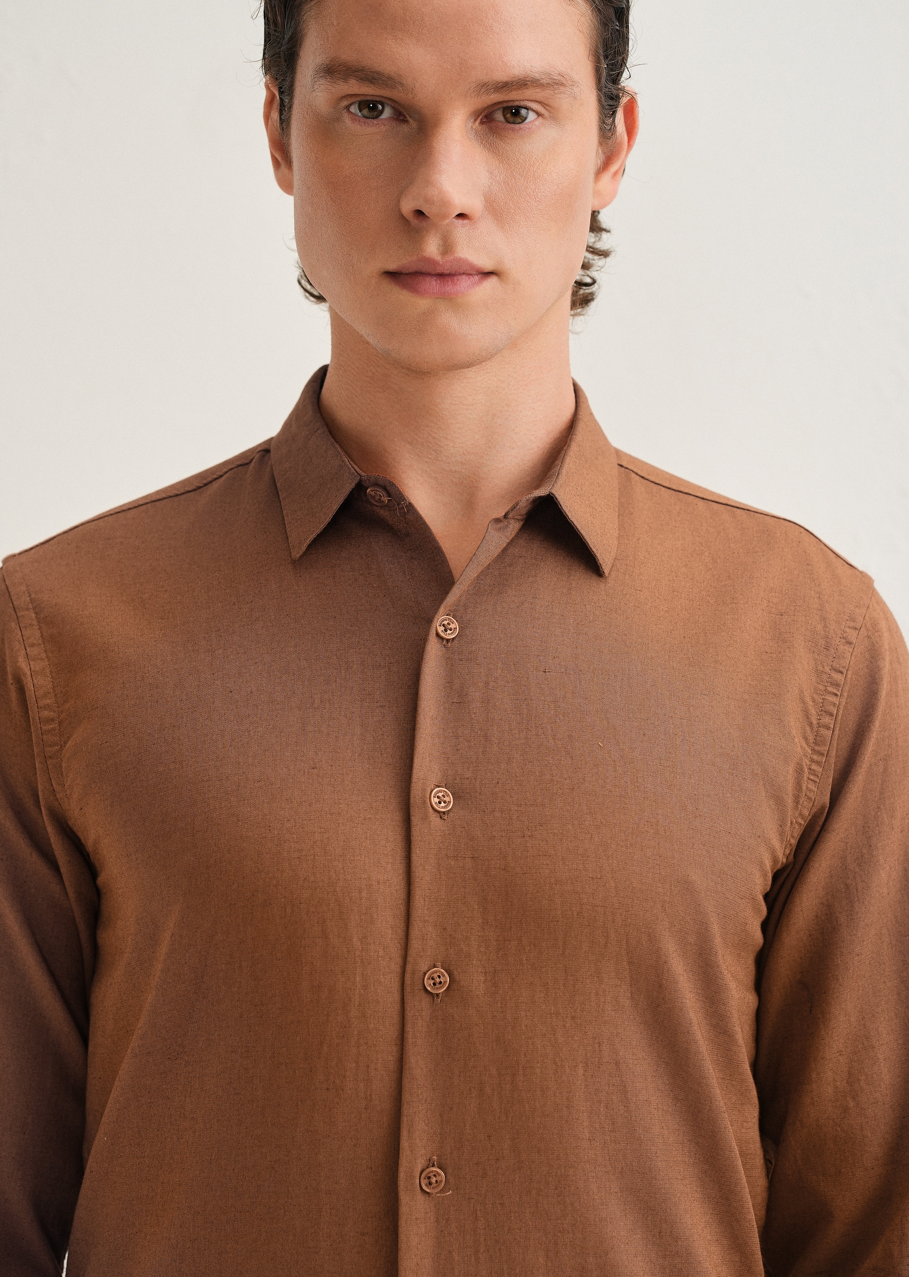 Terracotta Brown Hidden Sleeve Placket Cotton Linen Shirt - Image 6