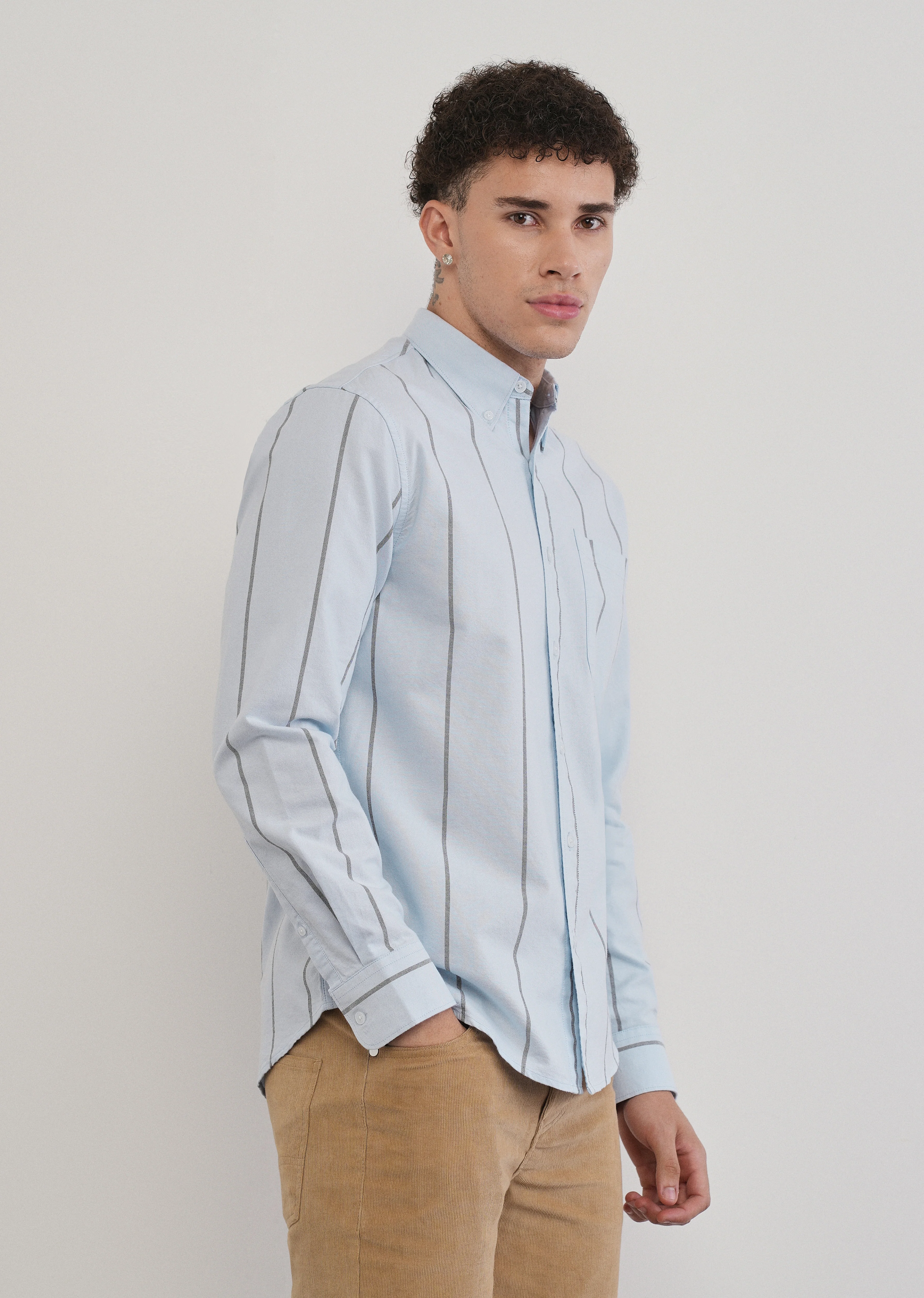 Vertical Stripe Blue Cotton Shirt - Image 4