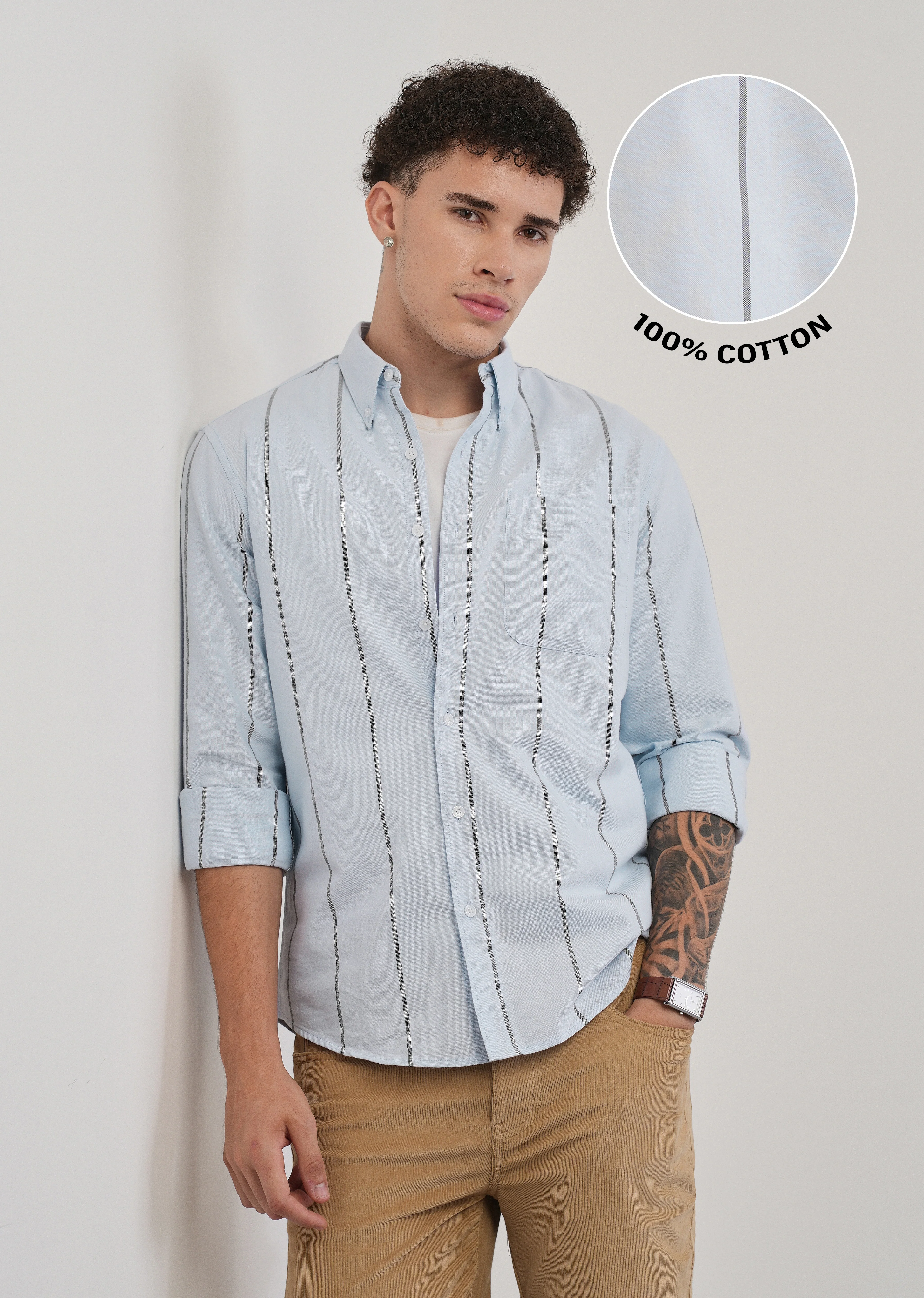 Vertical Stripe Blue Cotton Shirt - Image 7
