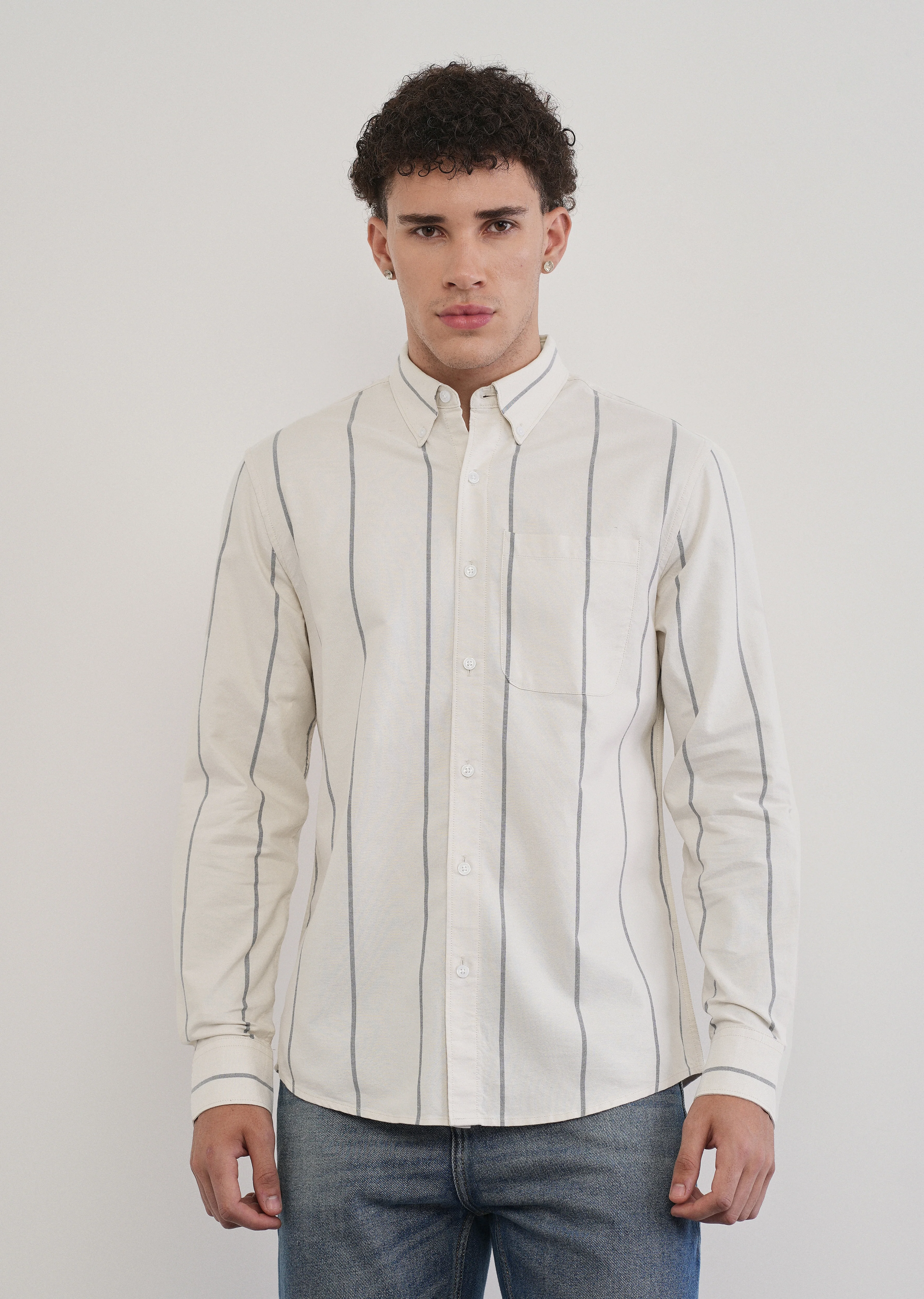 Vertical Stripe Ivory Cotton Shirt - Image 2