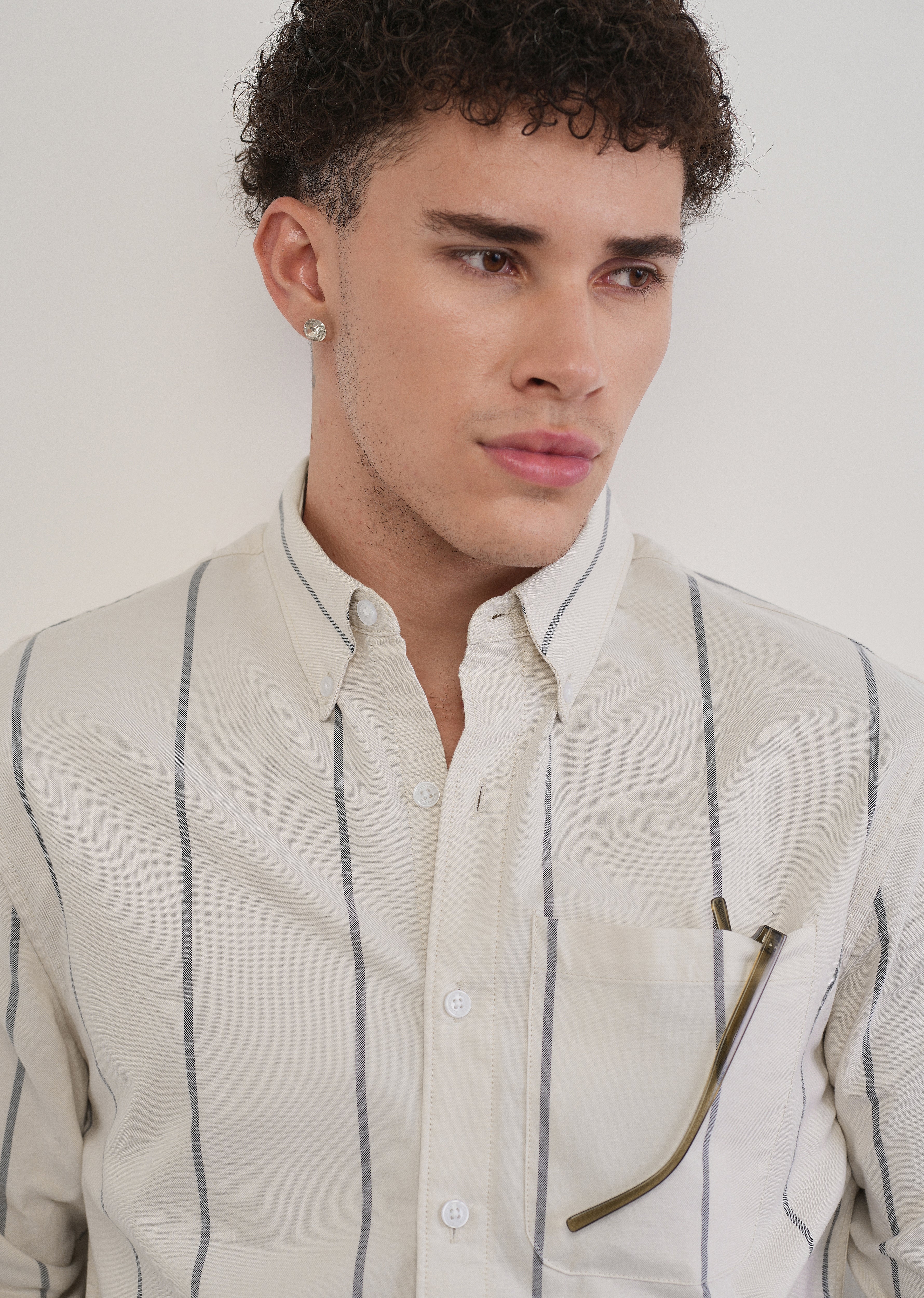 Vertical Stripe Ivory Cotton Shirt - Image 5