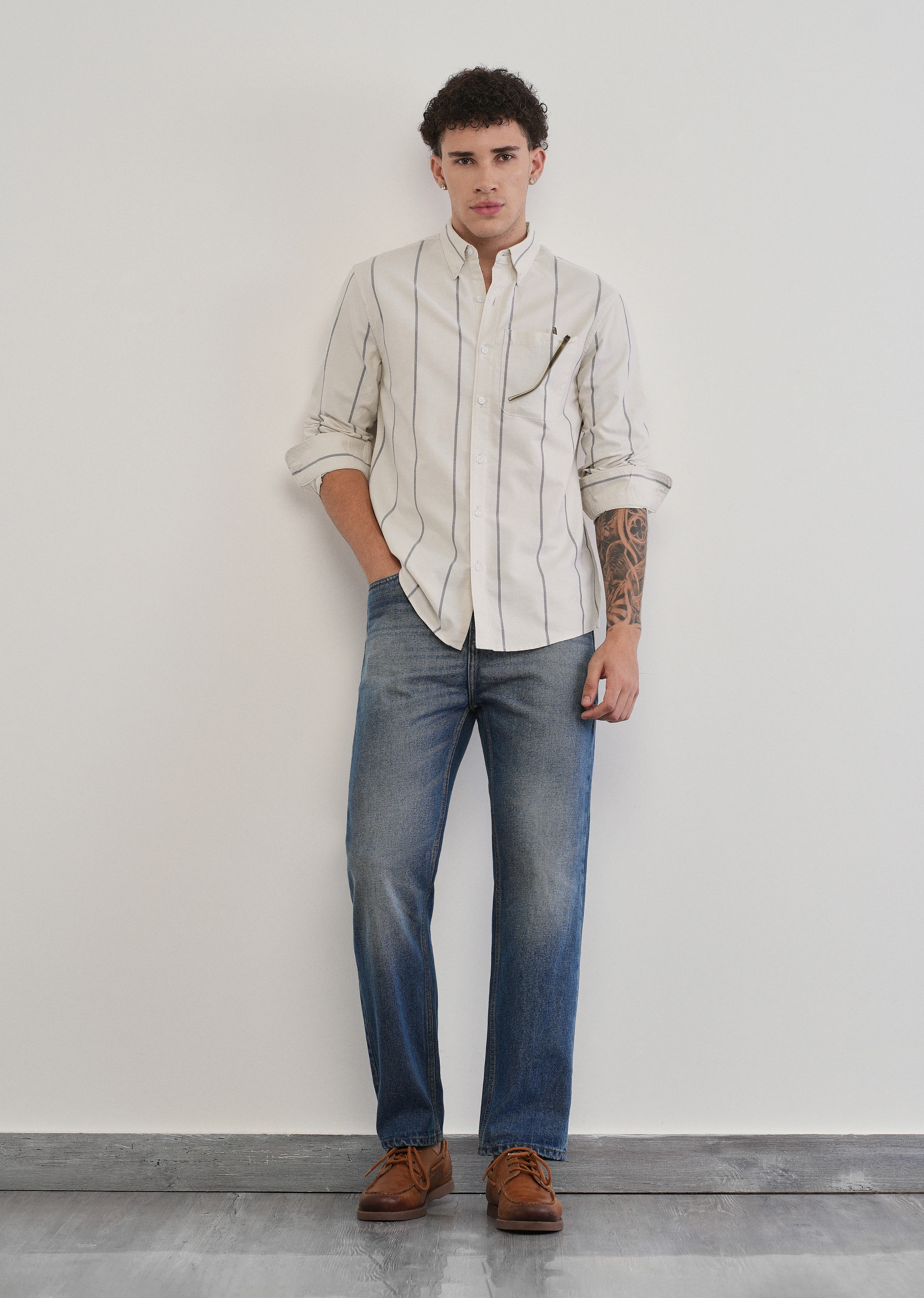 Vertical Stripe Ivory Cotton Shirt - Image 6