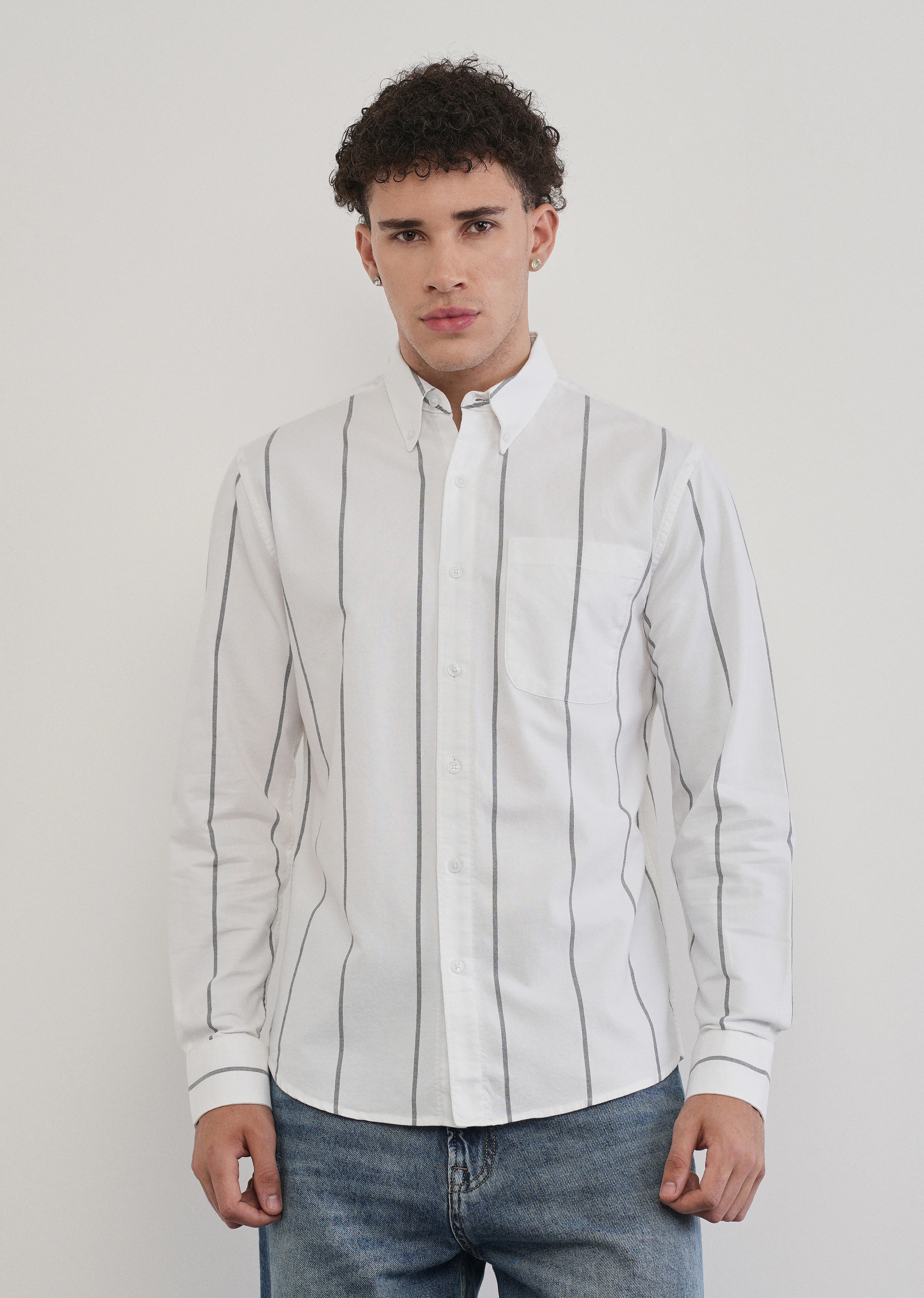 Vertical Stripe White Cotton Shirt - Image 3