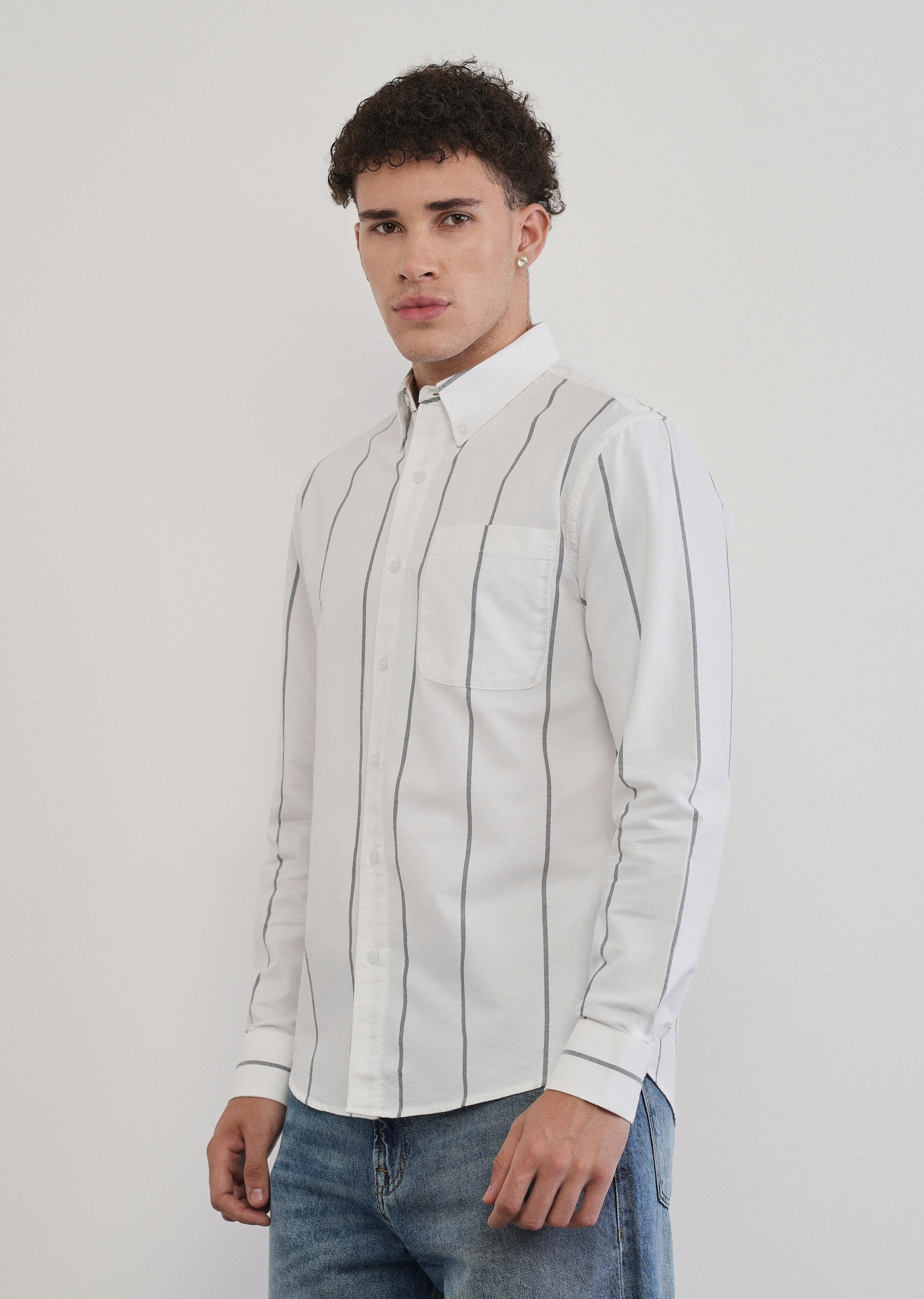 Vertical Stripe White Cotton Shirt - Image 4