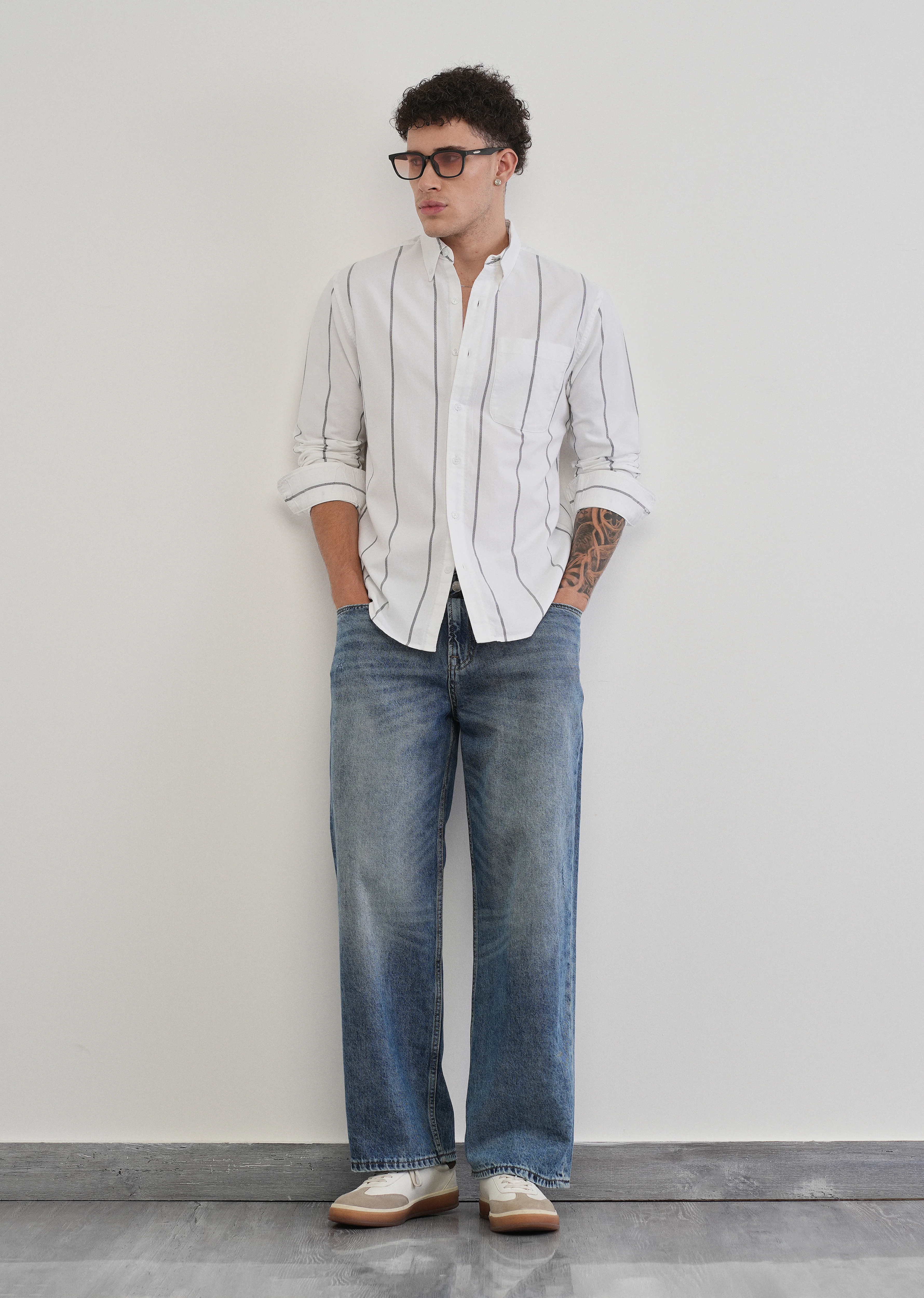 Vertical Stripe White Cotton Shirt - Image 6