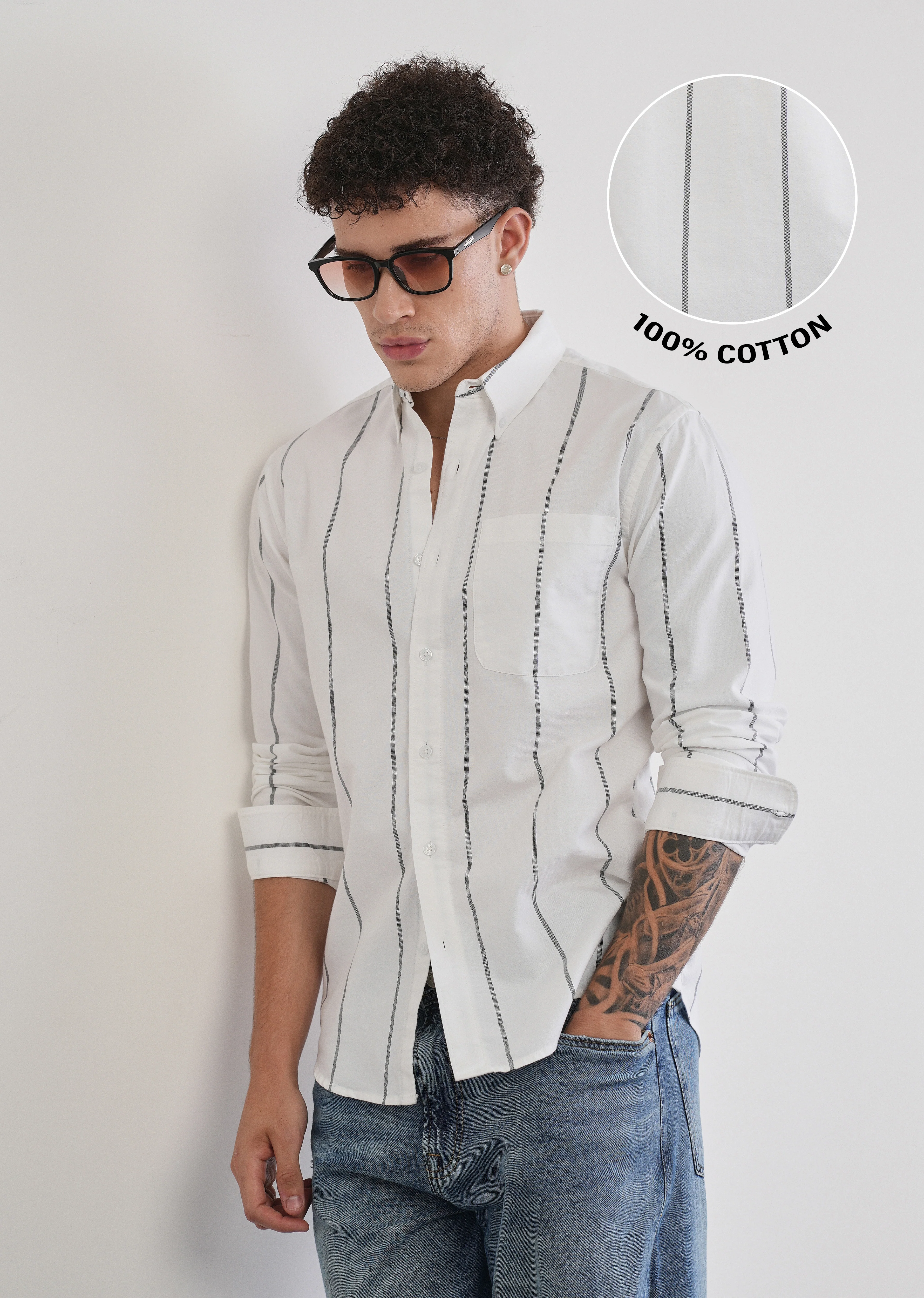 Vertical Stripe White Cotton Shirt - Image 7