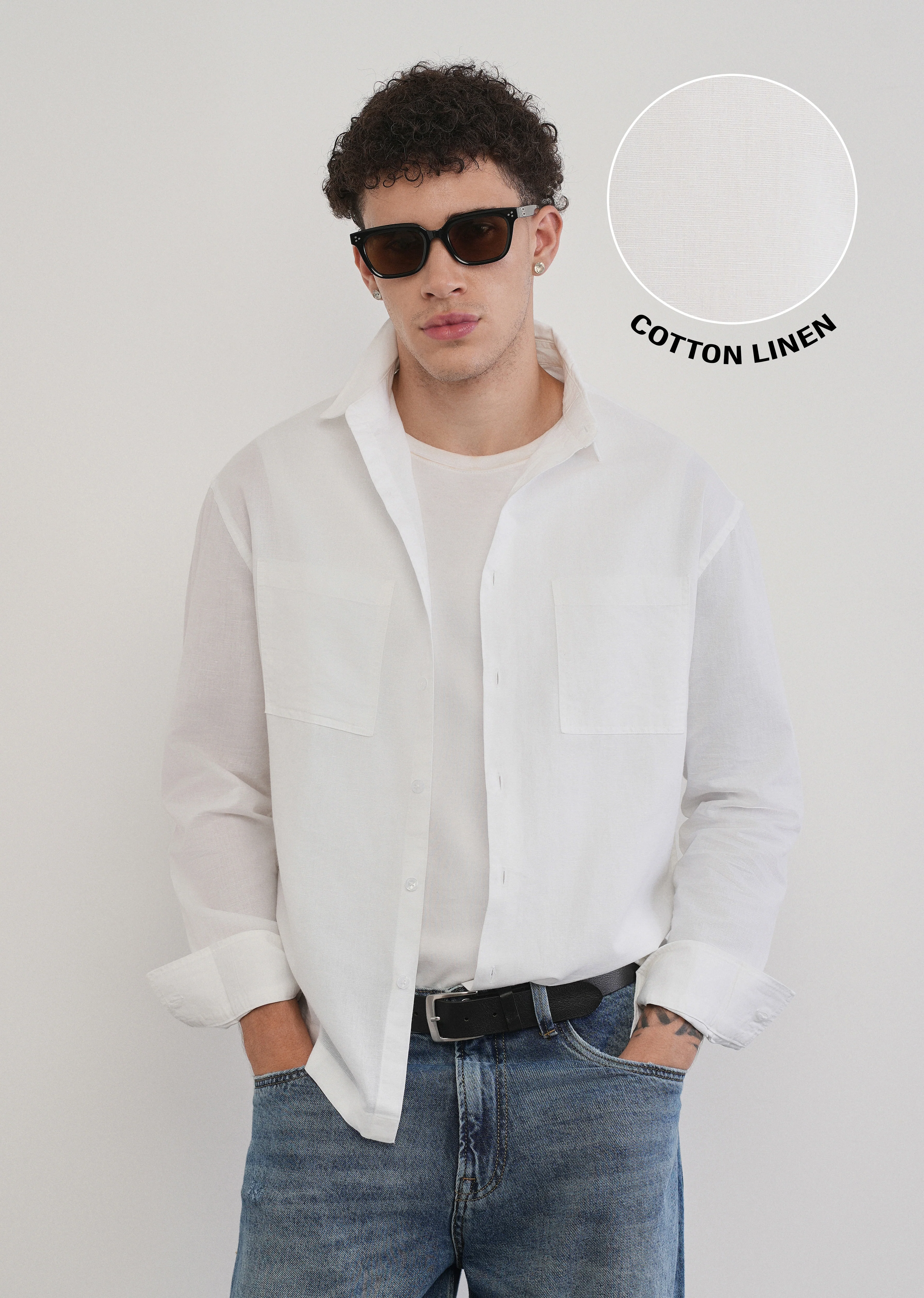 White Dual Pocket Cotton Linen Shirt