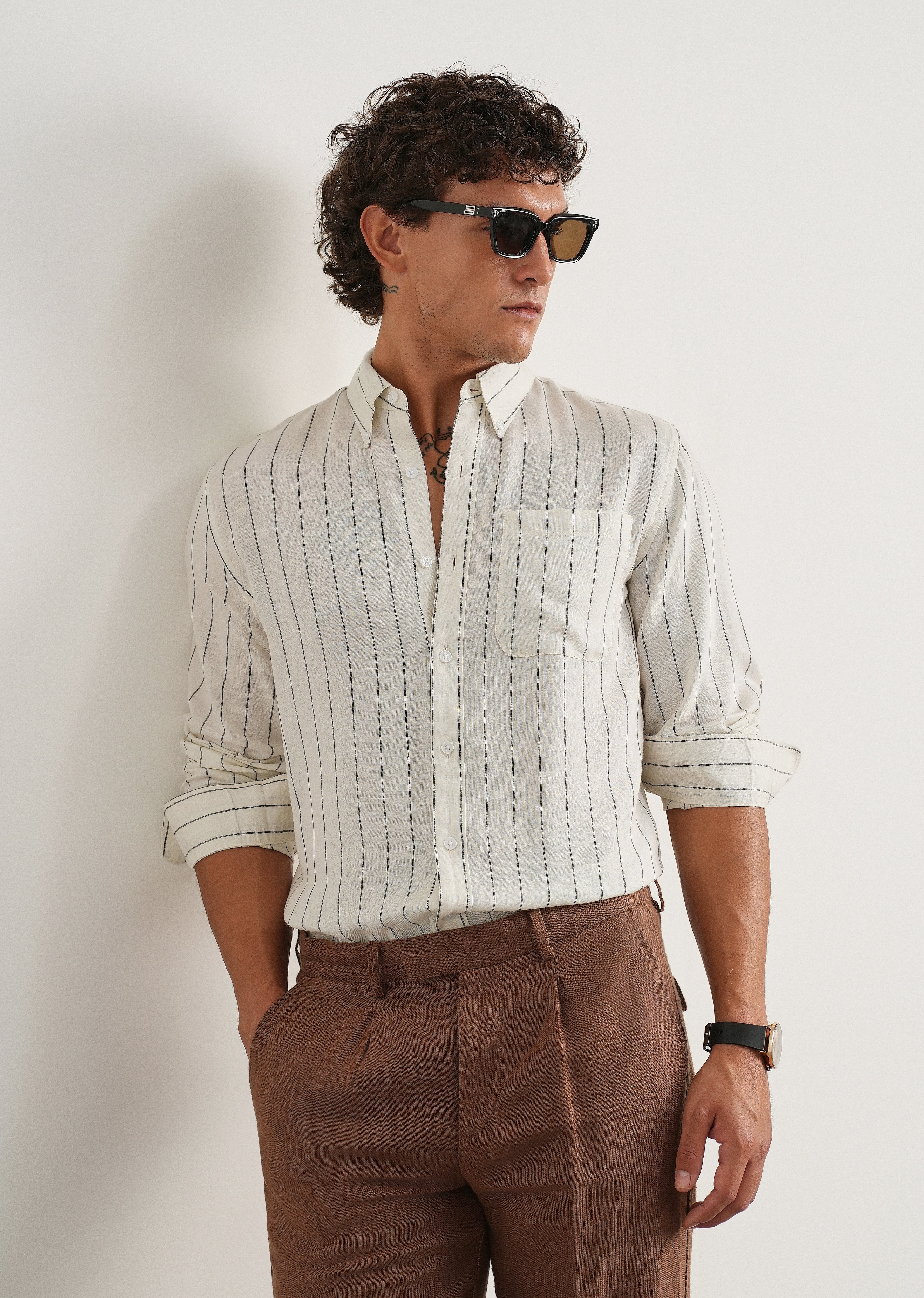 White Lyocell Linen Stripe Shirt