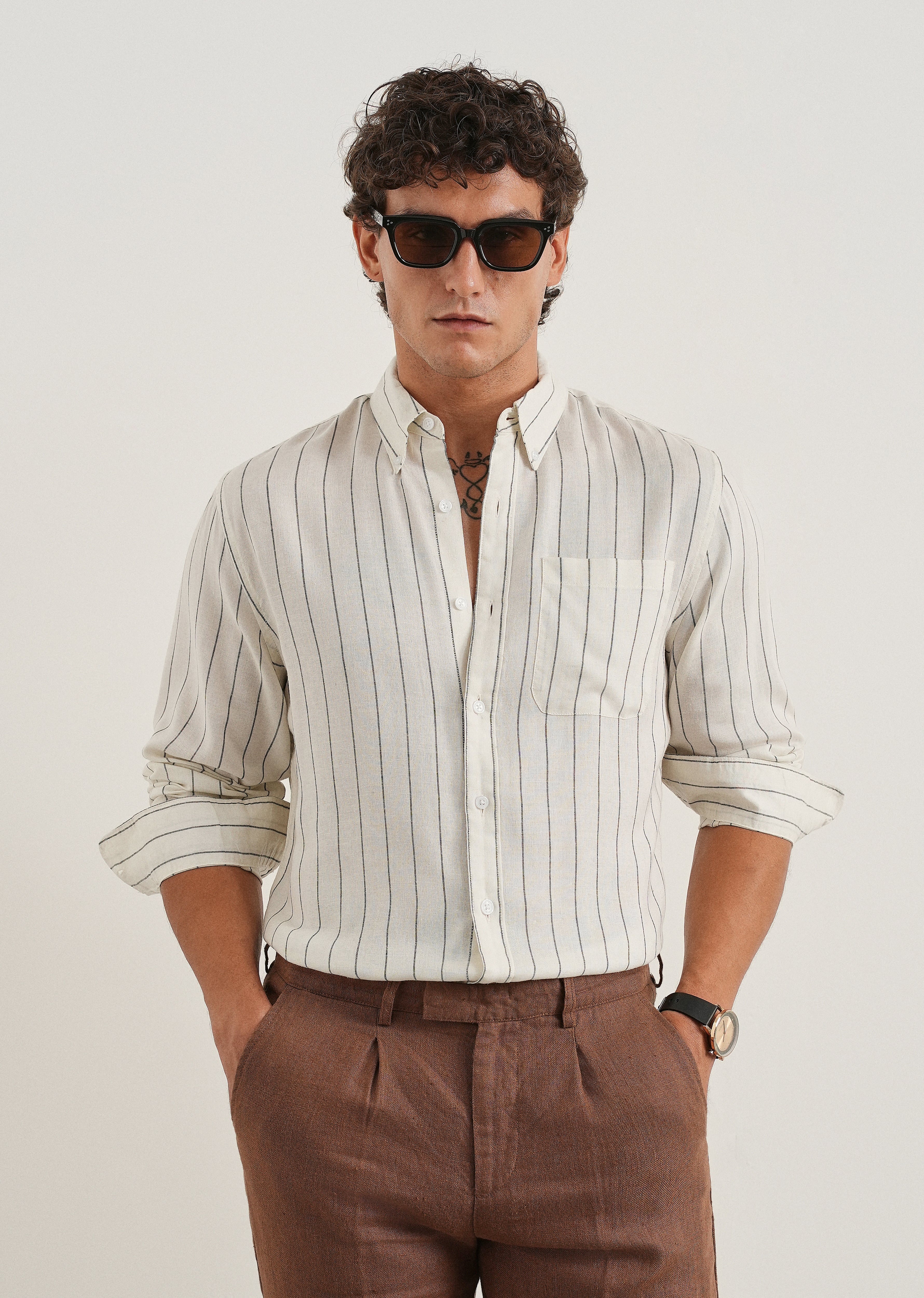 White Lyocell Linen Stripe Shirt - Image 7