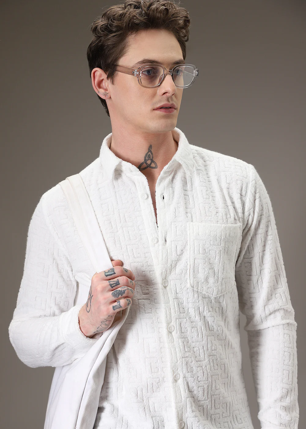 White Plain Jacquard Knitted Shirt