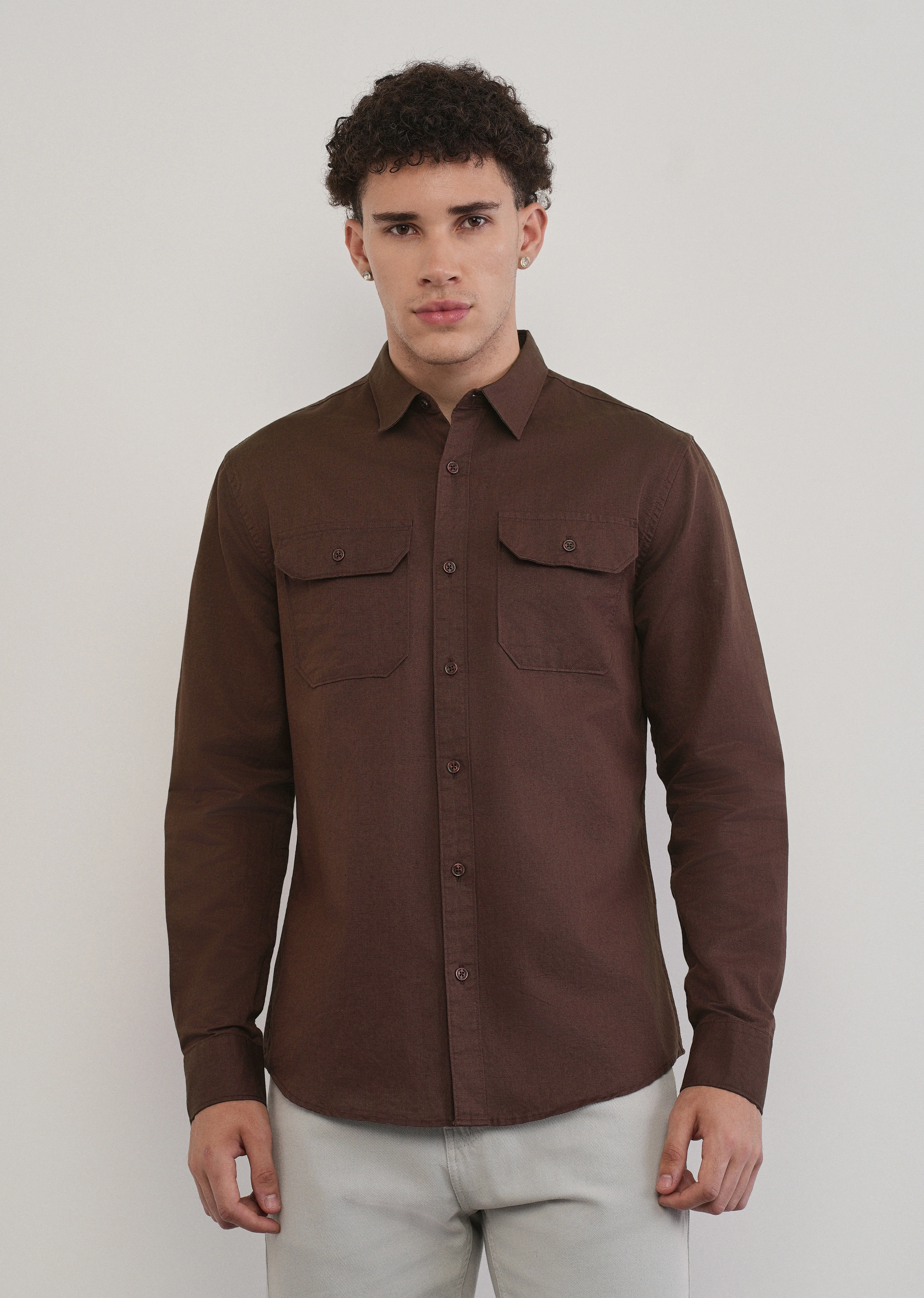 Wine Cotton Linen Flap Pocket Shirt - Image 3