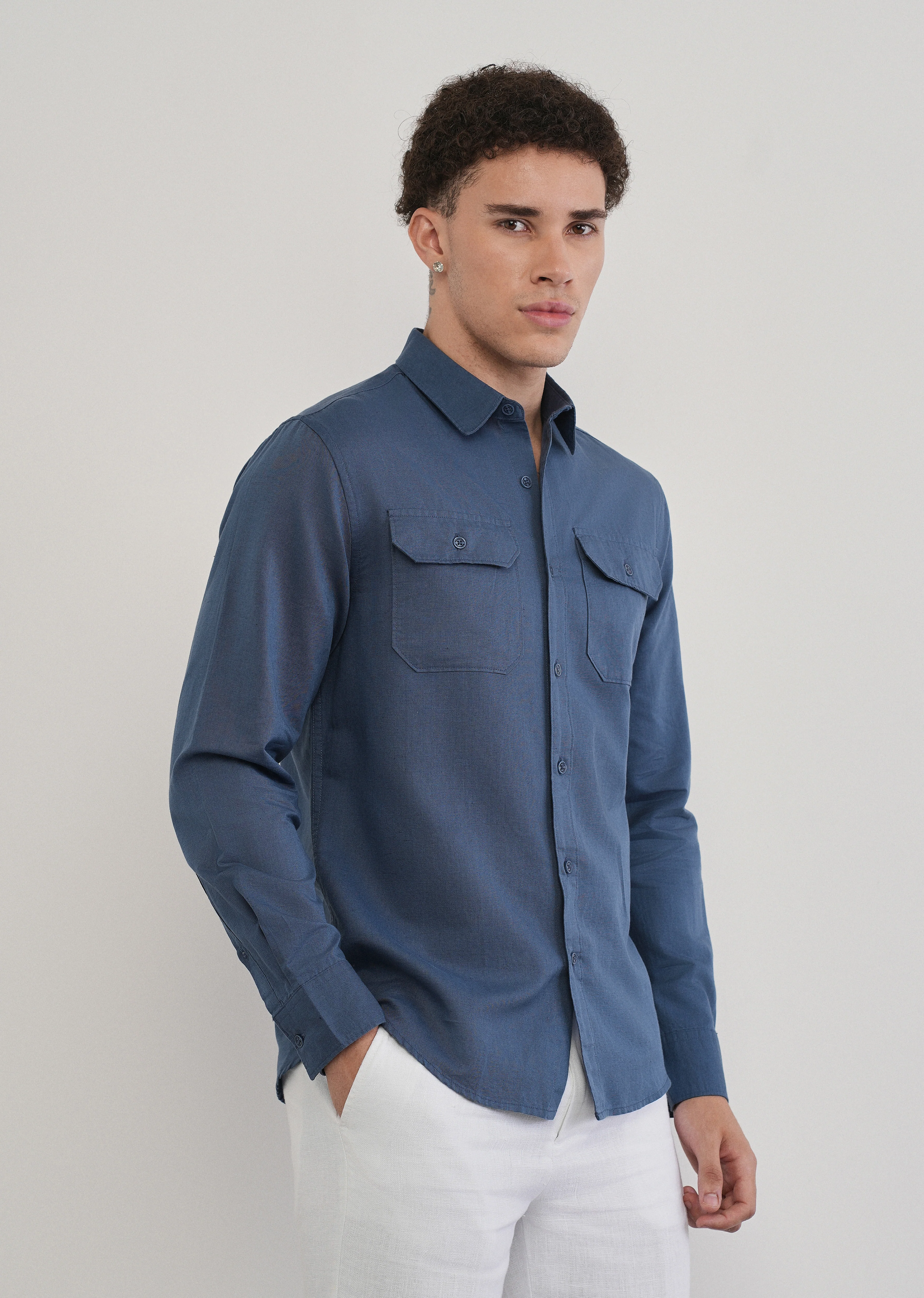 Yale Blue Cotton Linen Flap Pocket Shirt - Image 4